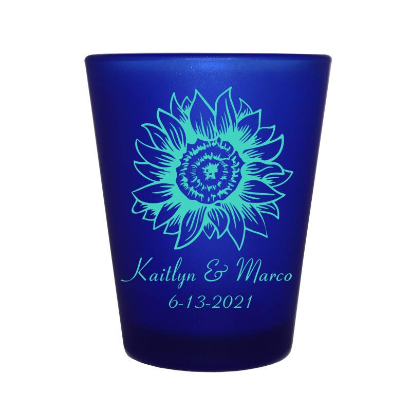 Customizable Blue Frosted Shot Glass - 1.5 Ounce Sunflower Design - Perfect for Parties, Weddings & Home Bar Decor