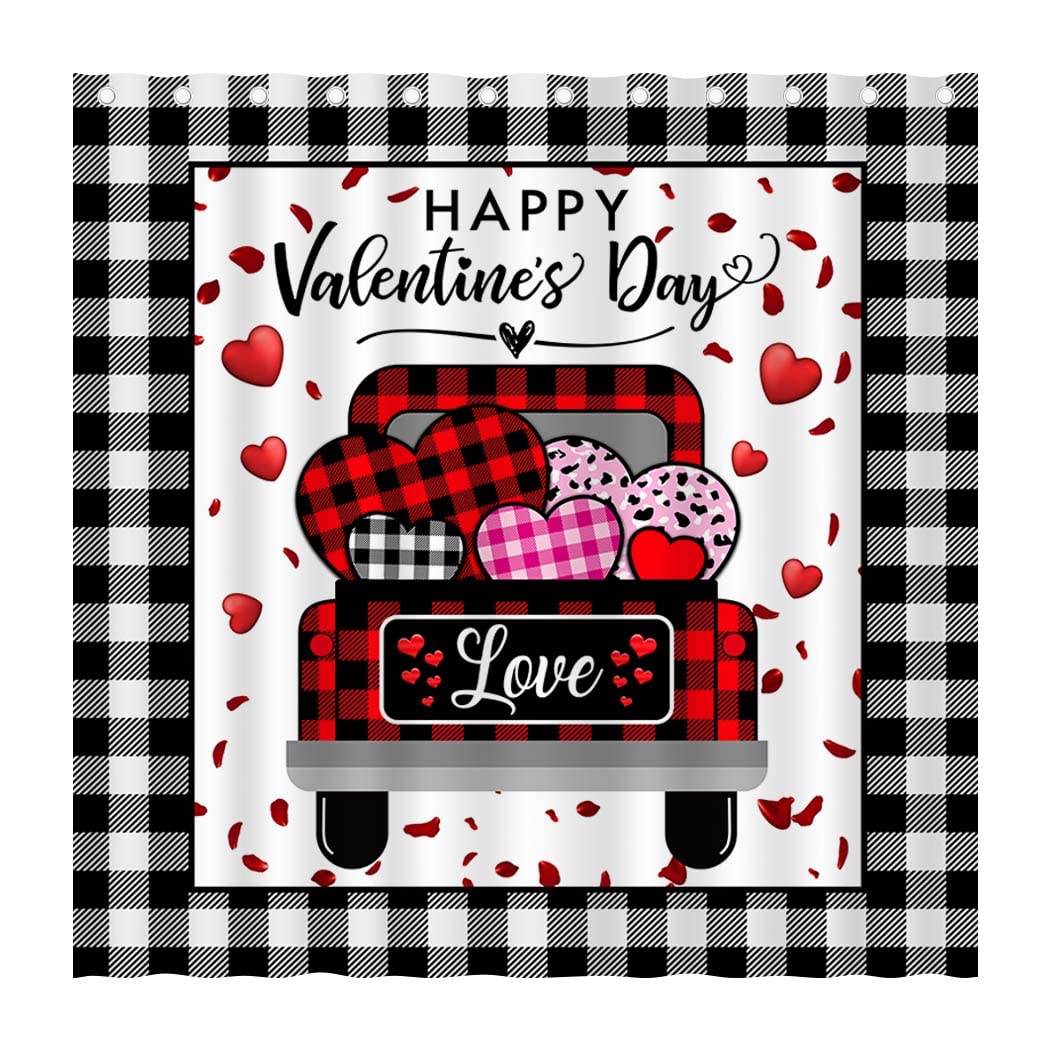 Valentine's Day Buffalo Check Plaid Shower Curtain - Farmhouse Love Truck Design with Red Hearts - Waterproof Bathroom Decor for Bathtub - 72