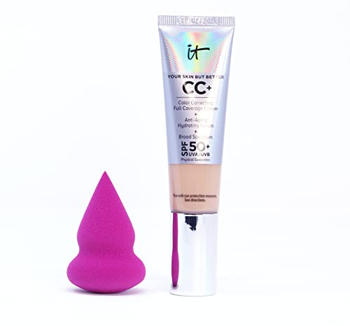 IT Cosmetics CC+ Cream with SPF 50+ | Full-Coverage Color Correcting Foundation | Medium Warm Shade | Hydrating Serum & Sunscreen | 1.08 fl oz | Perfect for Daily Wear, Makeup Routine & Sun Protection