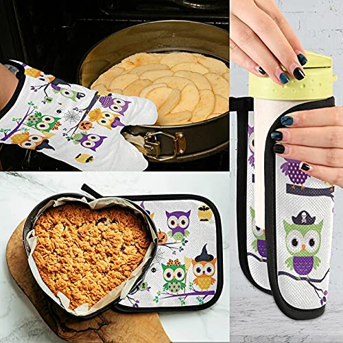 Halloween Owl Oven Mitts & Pot Holder Set - Heat Resistant Kitchen Gloves for Baking, Grilling, BBQ - Cute Pumpkin & Branch Design for Fall Decor