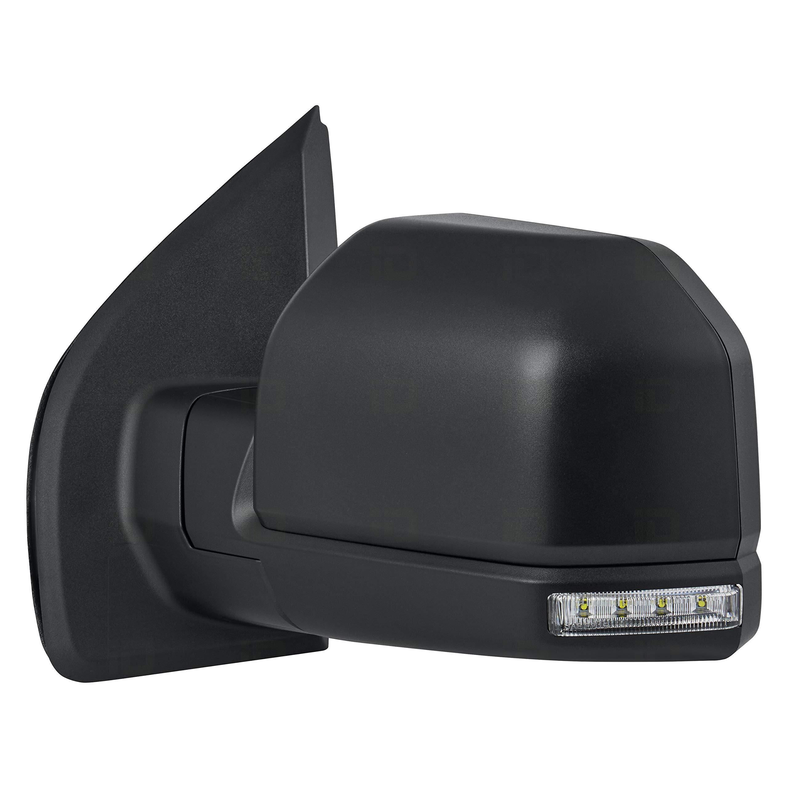 2018-2018 Ford F150 Driver Side Power Door Mirror - Heated Glass & Turn Signal (No Blind Spot/Spotter Lamp) - Black Textured Cap & Flat Glass - Replacement Part FO1320556 | Perfect for Winter Driving & Enhanced Visibility