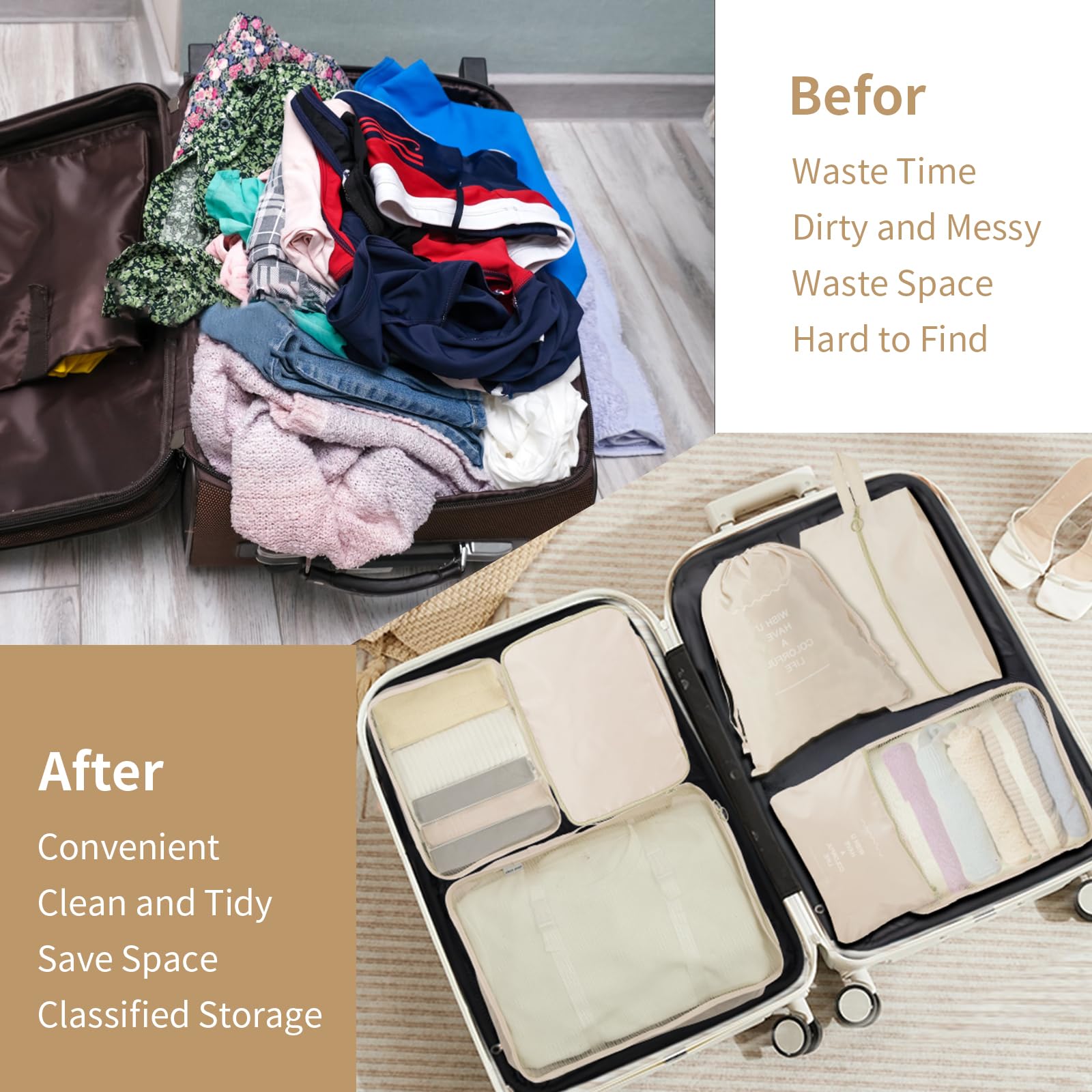 7-Piece Waterproof Packing Cubes Set for Suitcases - Travel Luggage Organizers for Clothes & Shoes Storage (Beige) | Perfect for Business Trips, Vacations & Weekend Getaways