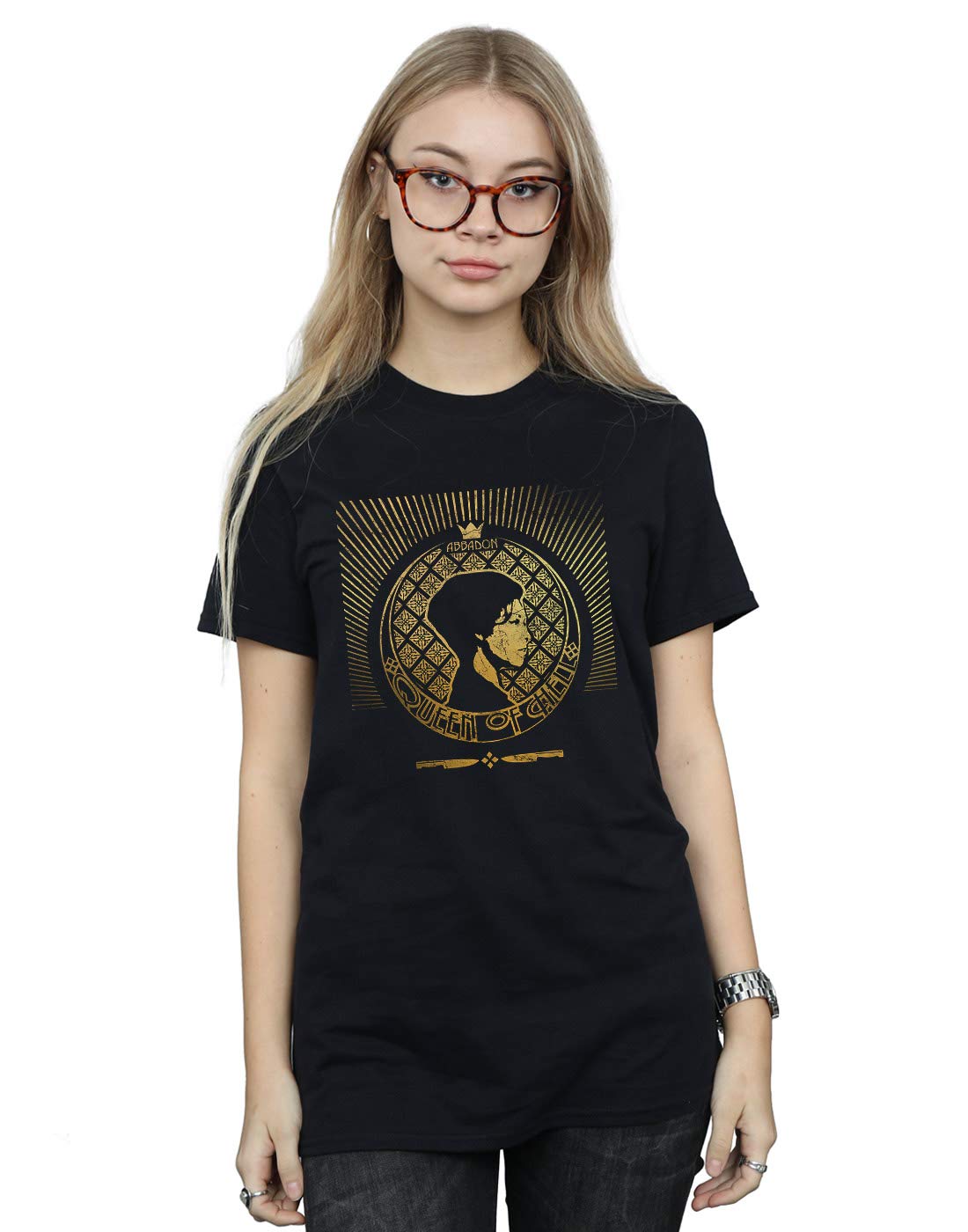 Supernatural Women's Abbadon Crest Boyfriend Fit T-Shirt - Black, Small | Soft Cotton Vintage Style Tee for Casual Wear, TV Show Fans & Gift Giving