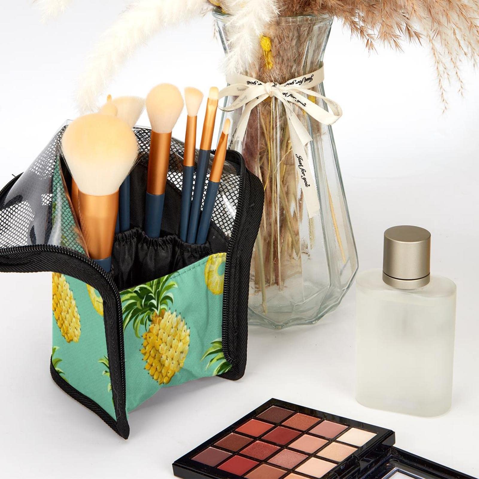 Portable Makeup Brush Organizer Bag with 12 Slots - Tropical Pineapple Design, Travel-Friendly Cosmetic Brush Holder Case - Perfect for Home Vanity & On-the-Go Makeup Touchups