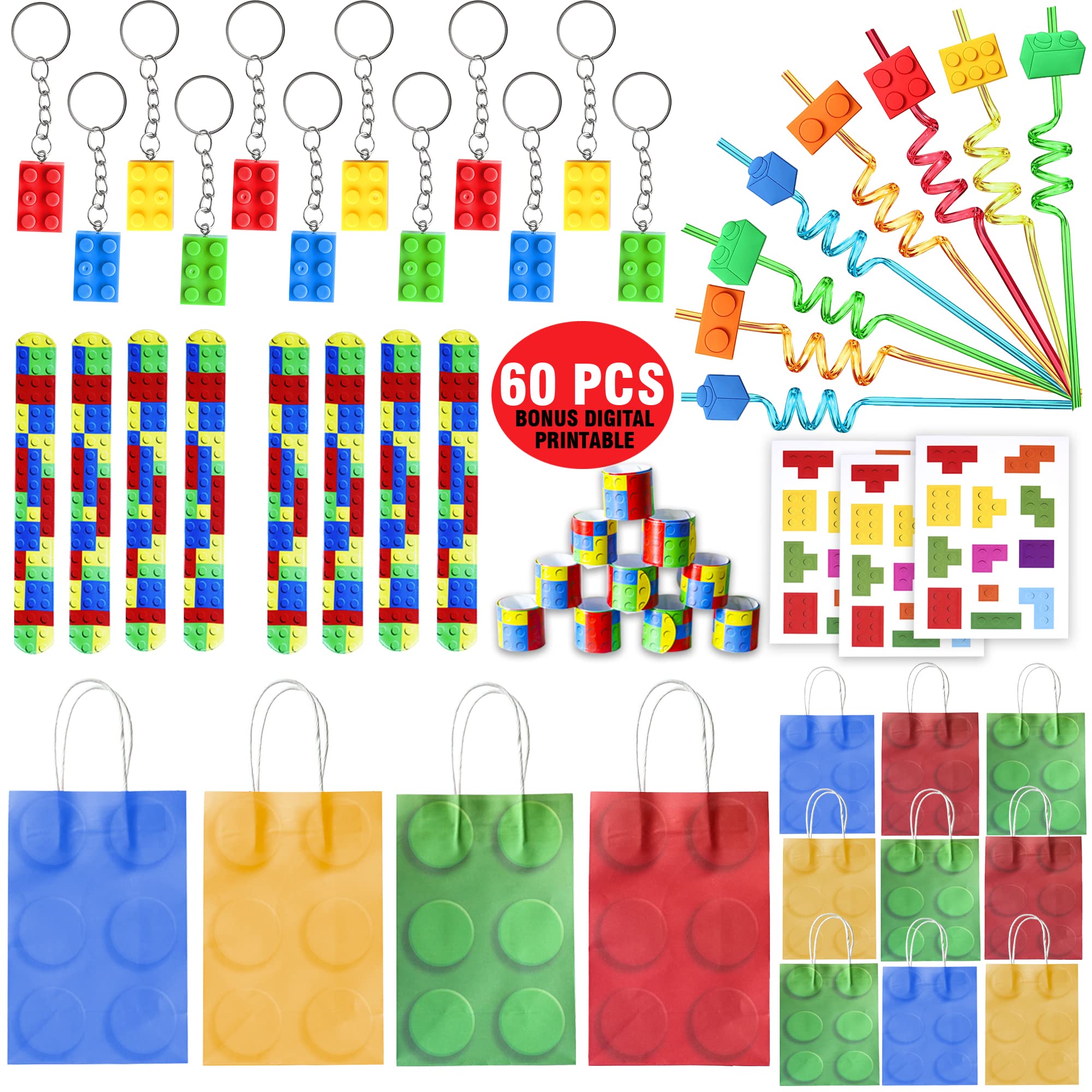 60 Pcs Kids Building Blocks Party Favors Set - 12 Brick Keychains, Wristbands, Treat Bags, Straws & Stickers for Birthday Party Decorations & Construction Themed Celebrations - Perfect for LEGO Lovers, Classroom Rewards & DIY Party Activities