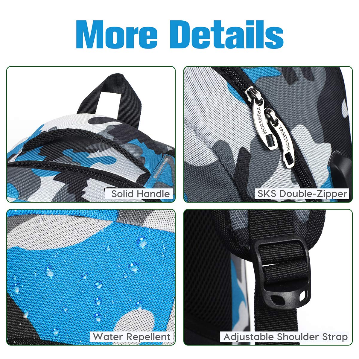 17 Inch School Backpack for Teen Boys & College Students - Durable Bookbag with USB Charging Port & Camouflage Blue Design - Perfect for High School, College, Travel & Daily Commute