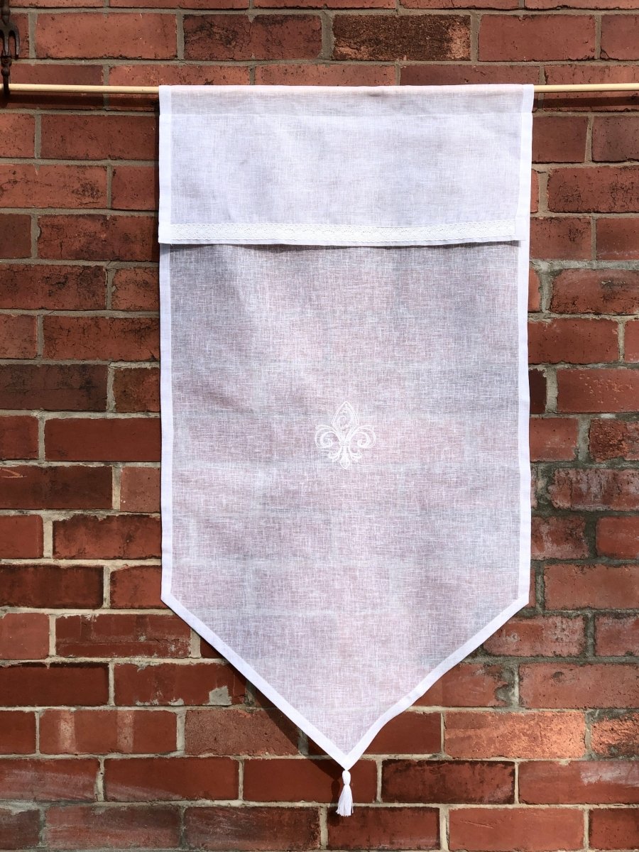 Elegant White Tassel Kitchen Curtain with Embroidered Monogram - Stylish Sidelight Panel for Windows - Perfect for Farmhouse, Cottage & Modern Home Decor