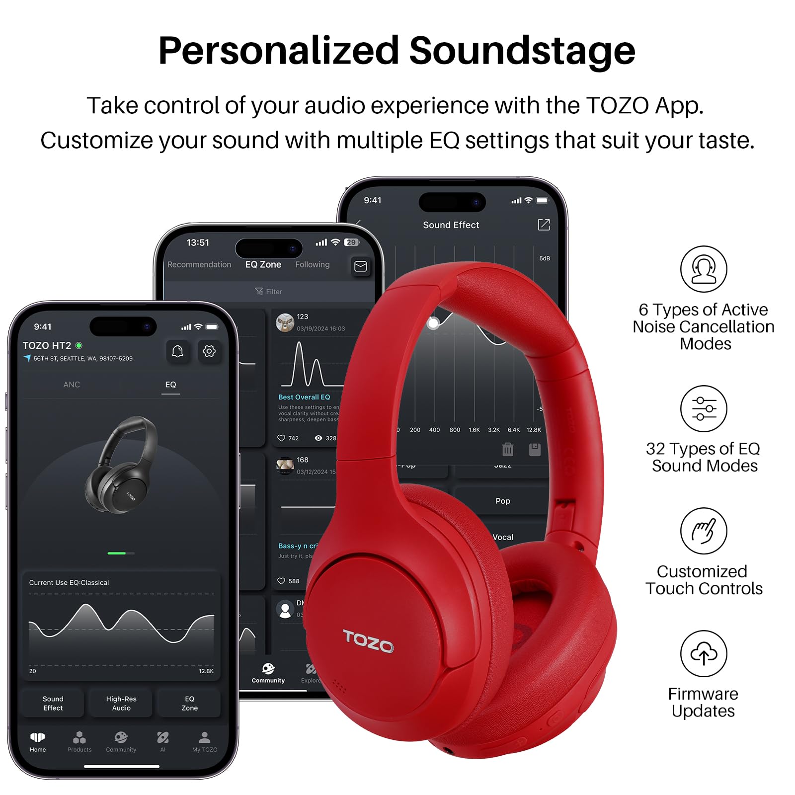 TOZO HT2 Hybrid Active Noise Cancelling Wireless Headphones - 60H Playtime, Hi-Res Audio, Deep Bass, Foldable & Lightweight Over-Ear Bluetooth Headphones for Workout, Travel & Office Use