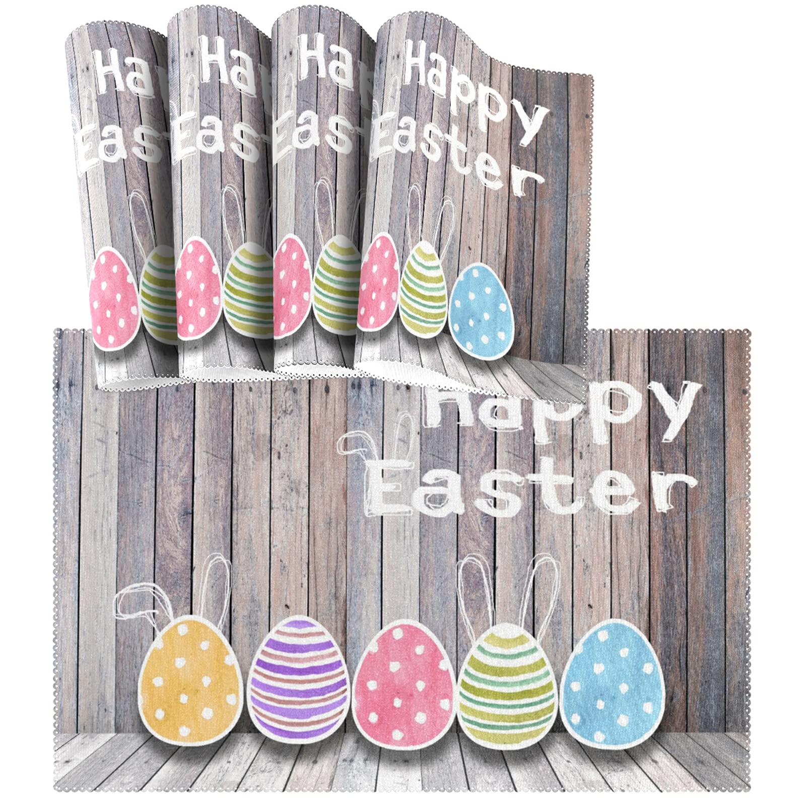 Easter Placemats Set of 4 - Non-Slip Wooden Easter Egg Design, Heat-Resistant & Washable Table Mats for Kitchen Dining - 12