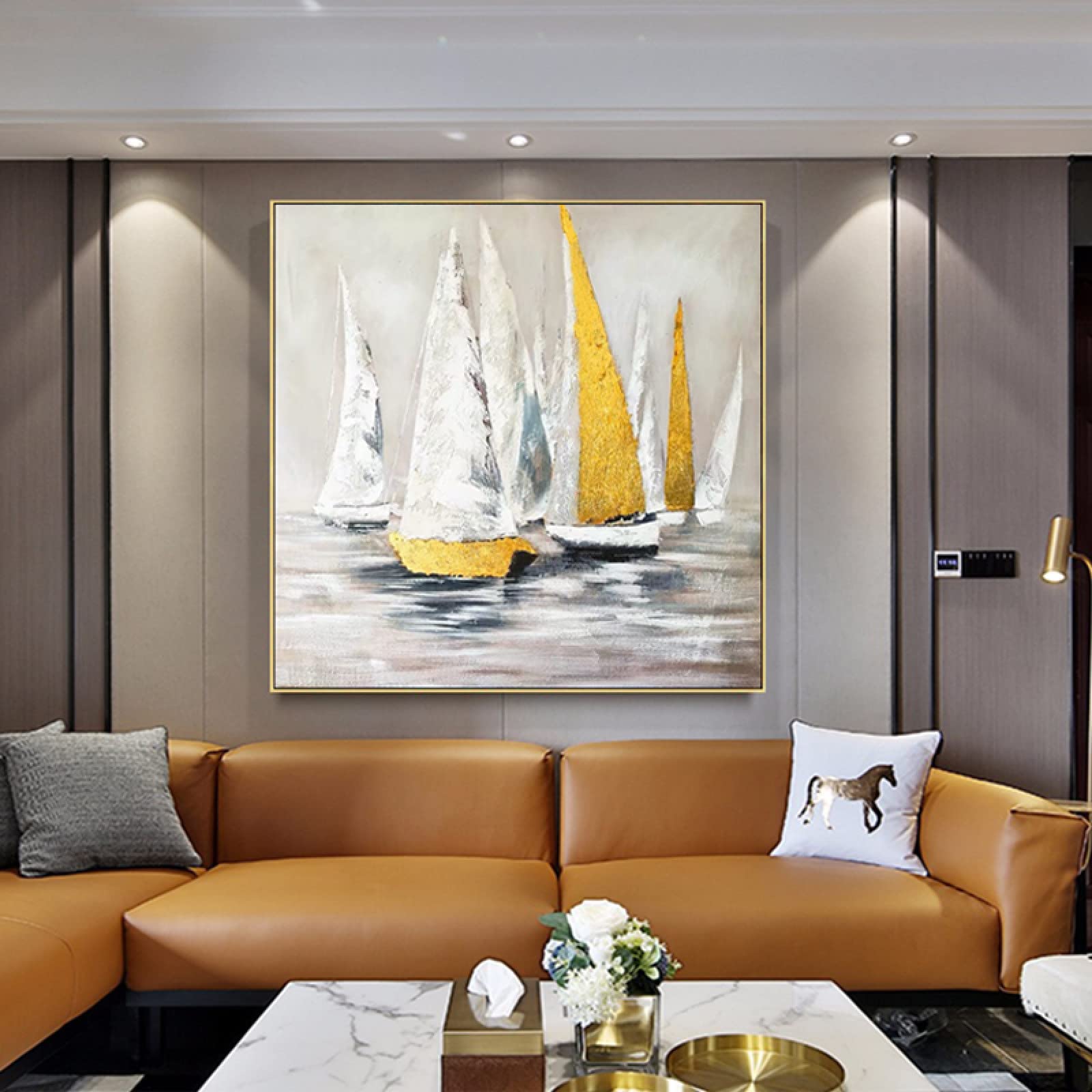 Hand-Painted Abstract Gold Foil Sailboat Oil Painting on Canvas - Modern Textured Square Wall Art for Living Room, Porch, Office Decor - Large 51x51 Inch Unframed Artwork - Perfect for Coastal, Nautical or Contemporary Home Décor
