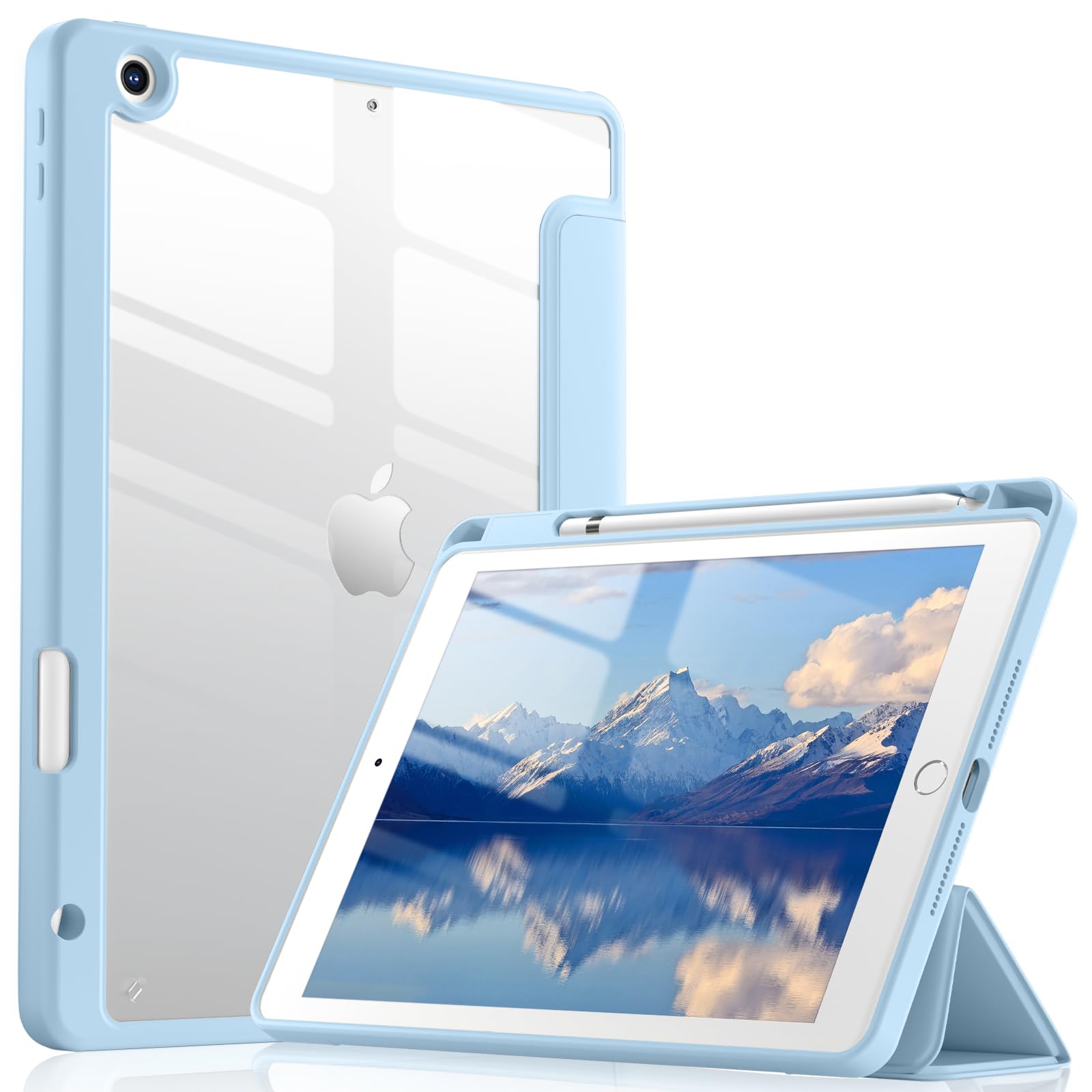 Wenlaty iPad 9th/8th/7th Generation Case (2021/2020/2019) - 10.2 Inch Clear Protective Cover with Pencil Holder | Auto Sleep/Wake | Full Body Protection | Sky Blue | Perfect for School, Work & Travel