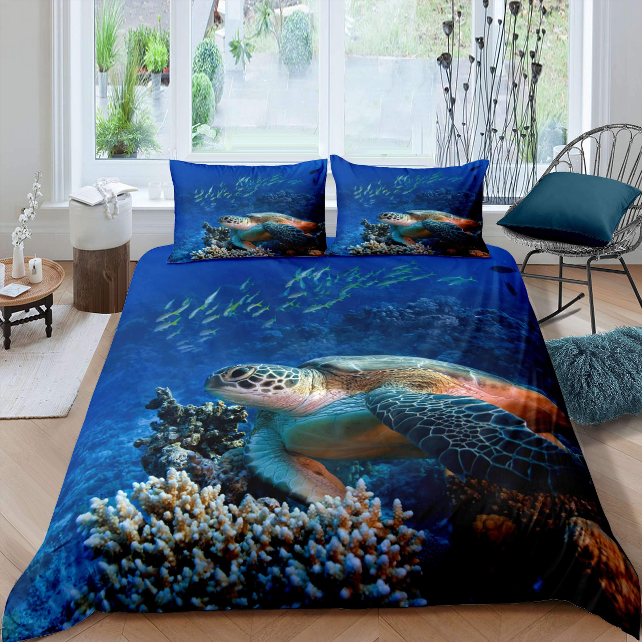 Twin Size Turtle Duvet Cover Set - Mediterranean Deep Sea Turtles Design | Ultra Soft Microfiber Bedding for Kids & Adults | Zipper Closure 2pc Set (Duvet Cover + Pillowcase) | Perfect for Coastal Themed Bedrooms & Marine Life Lovers