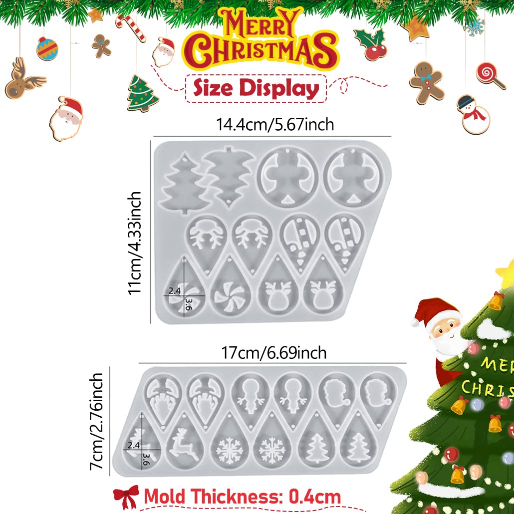 2 Pack Christmas Silicone Molds for Resin Jewelry Making - DIY Xmas Tree, Snowflake & Elk Earrings, Pendants, Keychains - Epoxy Casting Kit (12 Pairs) | Perfect for Holiday Crafts, Gift Making & Christmas Decorations