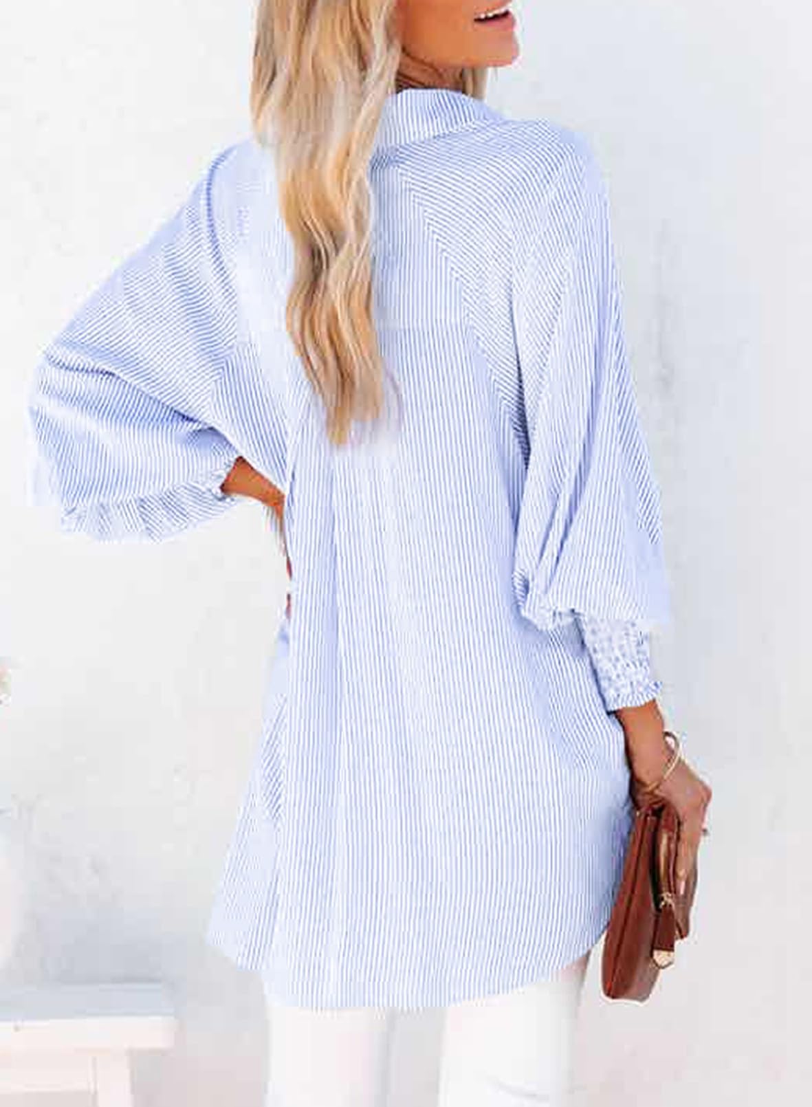 Dokotoo Women's V-Neck Striped Button Down Shirt - Long Sleeve Tunic Top for Work, Office & Casual Outfits | Comfortable & Stylish Blouse for Everyday Wear