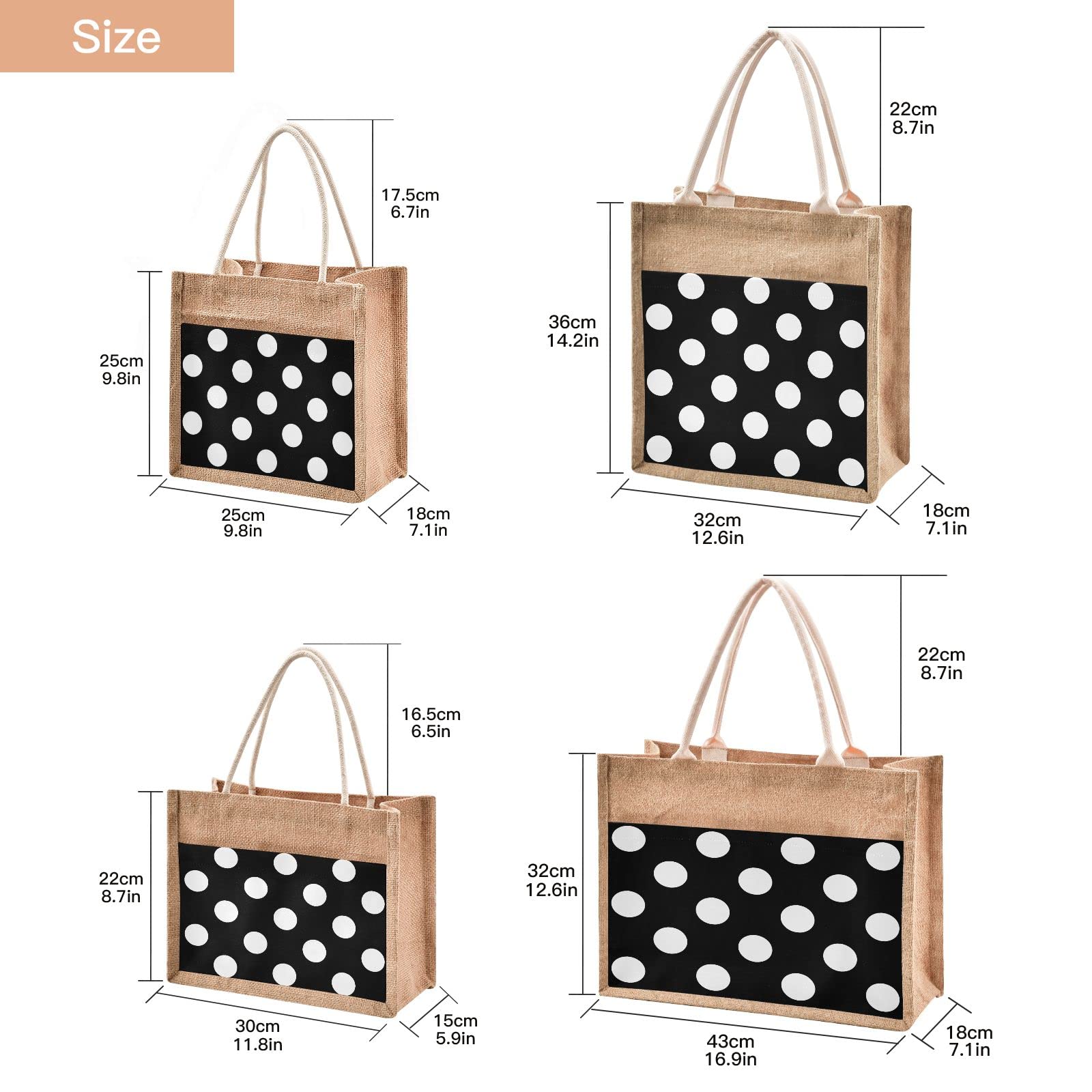 Polka Dot Jute Tote Bag - Waterproof Grocery & Beach Bag for Shopping
