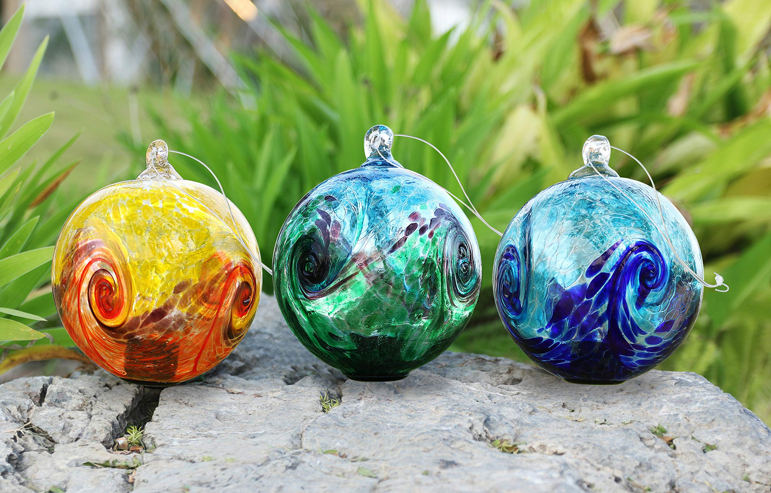 6-Inch Solar Hanging Glass Gazing Ball for Outdoor Garden Decor - Aqua Green Swirl Design, Solar-Powered Light for Patio, Yard, and Landscape Decoration at Night