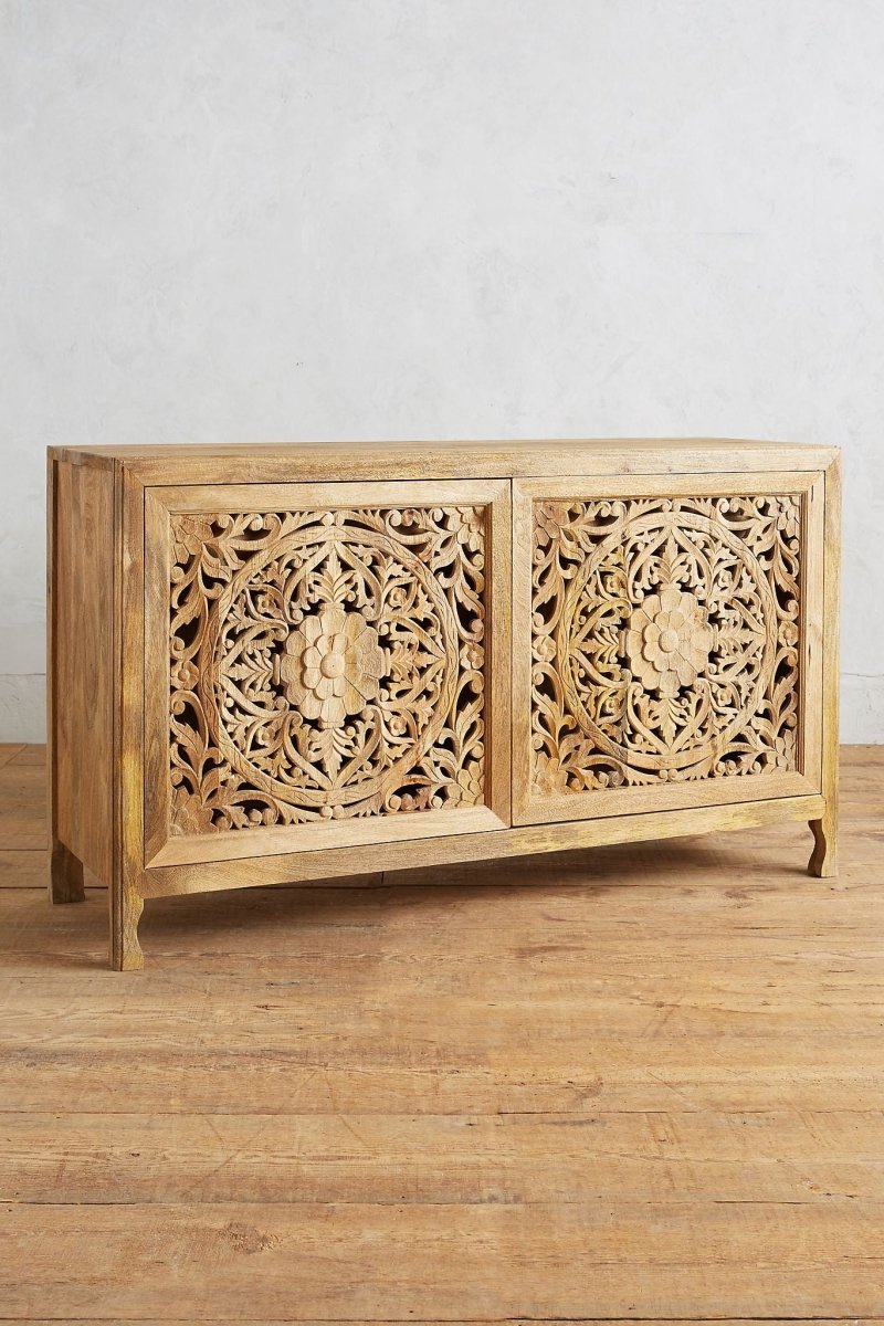 Handmade Natural Wooden Buffet Table - Hand Carved Lombok Style Storage Unit for Dining Room & Living Room | Rustic Home Decor Furniture