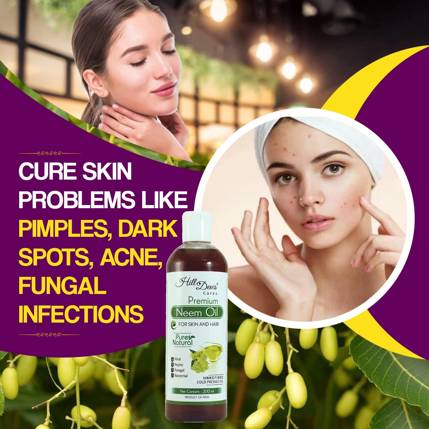 Pure Natural Neem Oil (200ml) - Cold Pressed, Unrefined for Skin & Hair Care | Organic Treatment for Acne, Dandruff & Scalp Health | Perfect for DIY Beauty & Aromatherapy