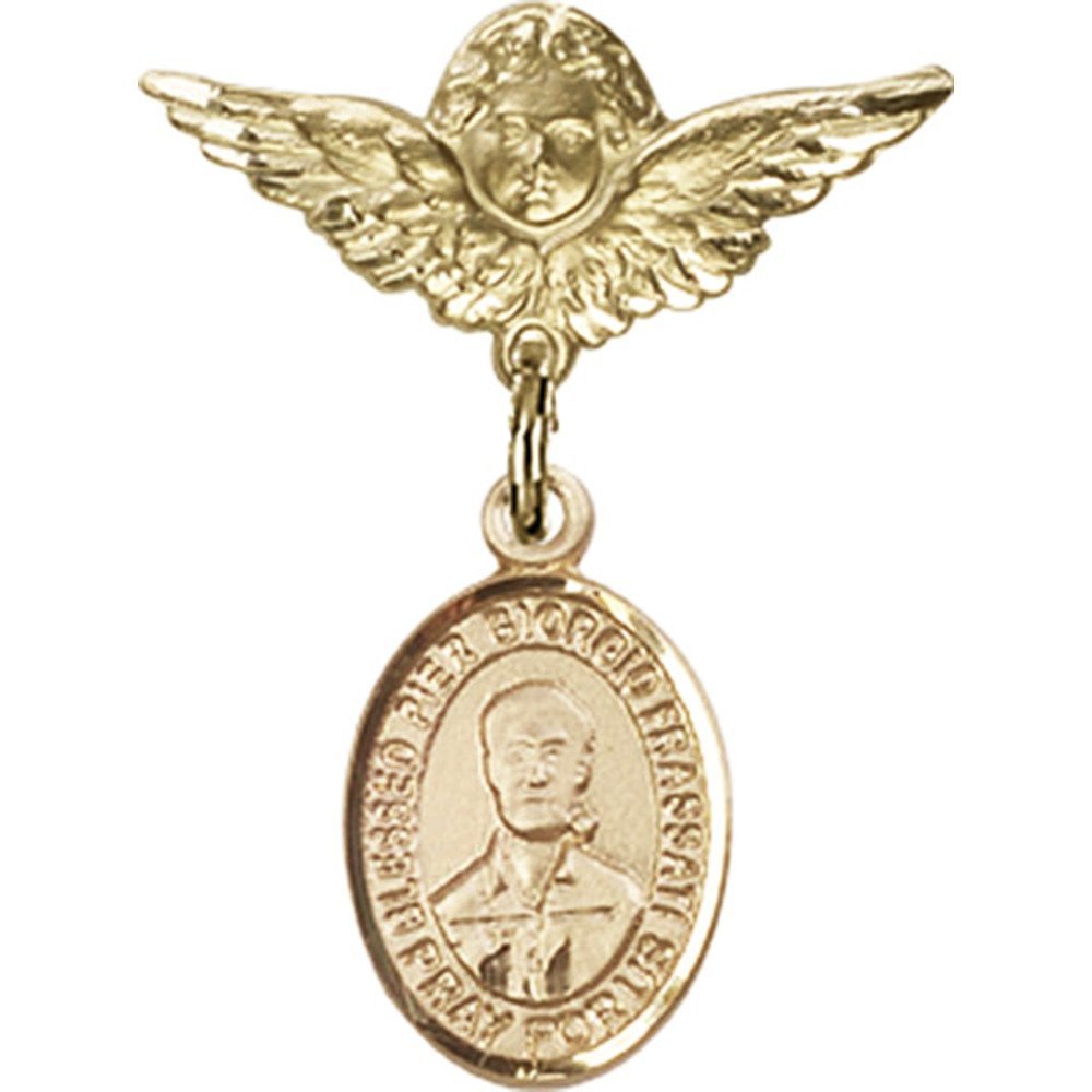 Gold Filled Baby Badge with Blessed Pier Giorgio Frassati Charm & Angel Wing Pin (1