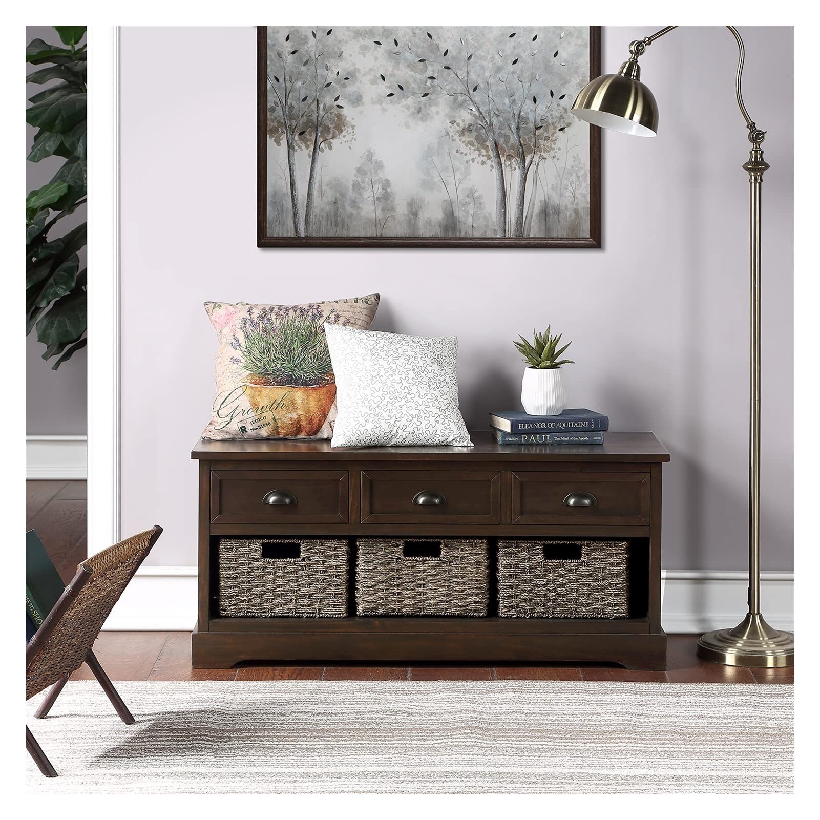 Rustic Wooden Storage Bench with 3 Drawers & 3 Woven Baskets - Solid Manufactured Shoe Bench for Entryway, Living Room, Bedroom (Walnut Finish) - Perfect for Organizing Shoes, Blankets & Home Decor