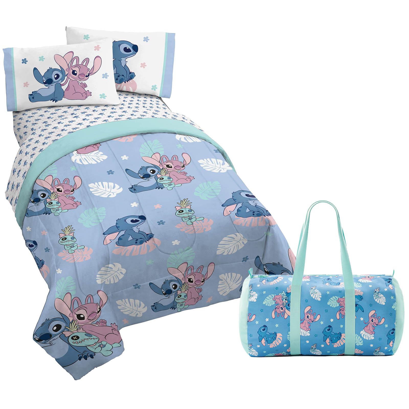 Disney Lilo and Stitch Twin Size 4-Piece Comforter Set - Super Soft Kids Bedding with Sheet Set, Pillow Covers & Free Duffle Bag - Perfect for Kids' Room, Sleepovers and Themed Bedrooms
