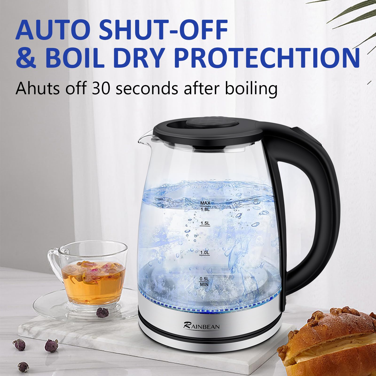 RAINBEAN 1.8L Electric Kettle with LED Light - Fast Boiling Glass Water Boiler for Tea & Coffee - Auto Shut-Off & Boil-Dry Protection - Perfect for Home, Office & Dorm Use