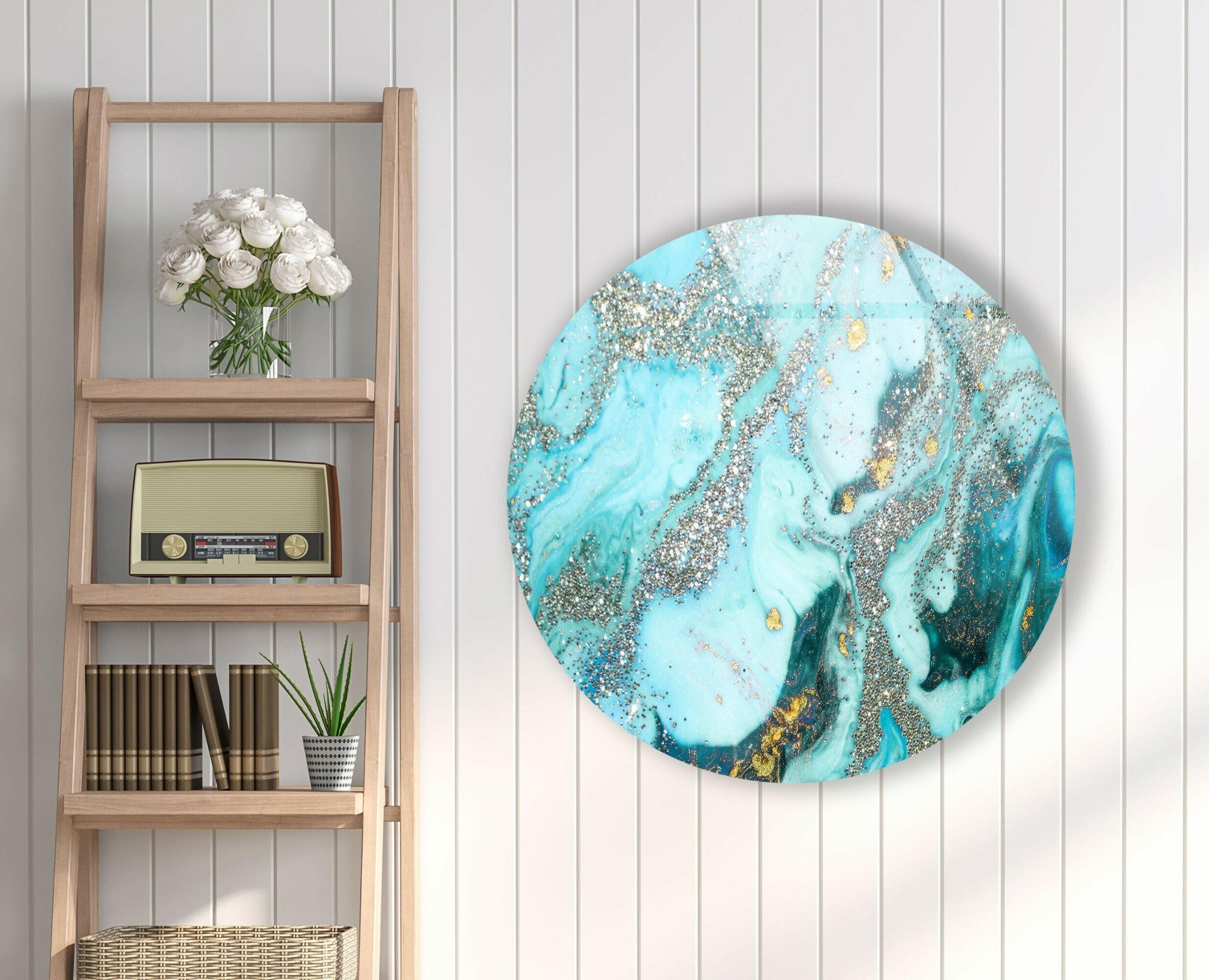 Blue Marble with Silver Details Round Glass Wall Art - Elegant Home Decor for Living Room, Bedroom & Office | Modern Abstract Wall Hangings