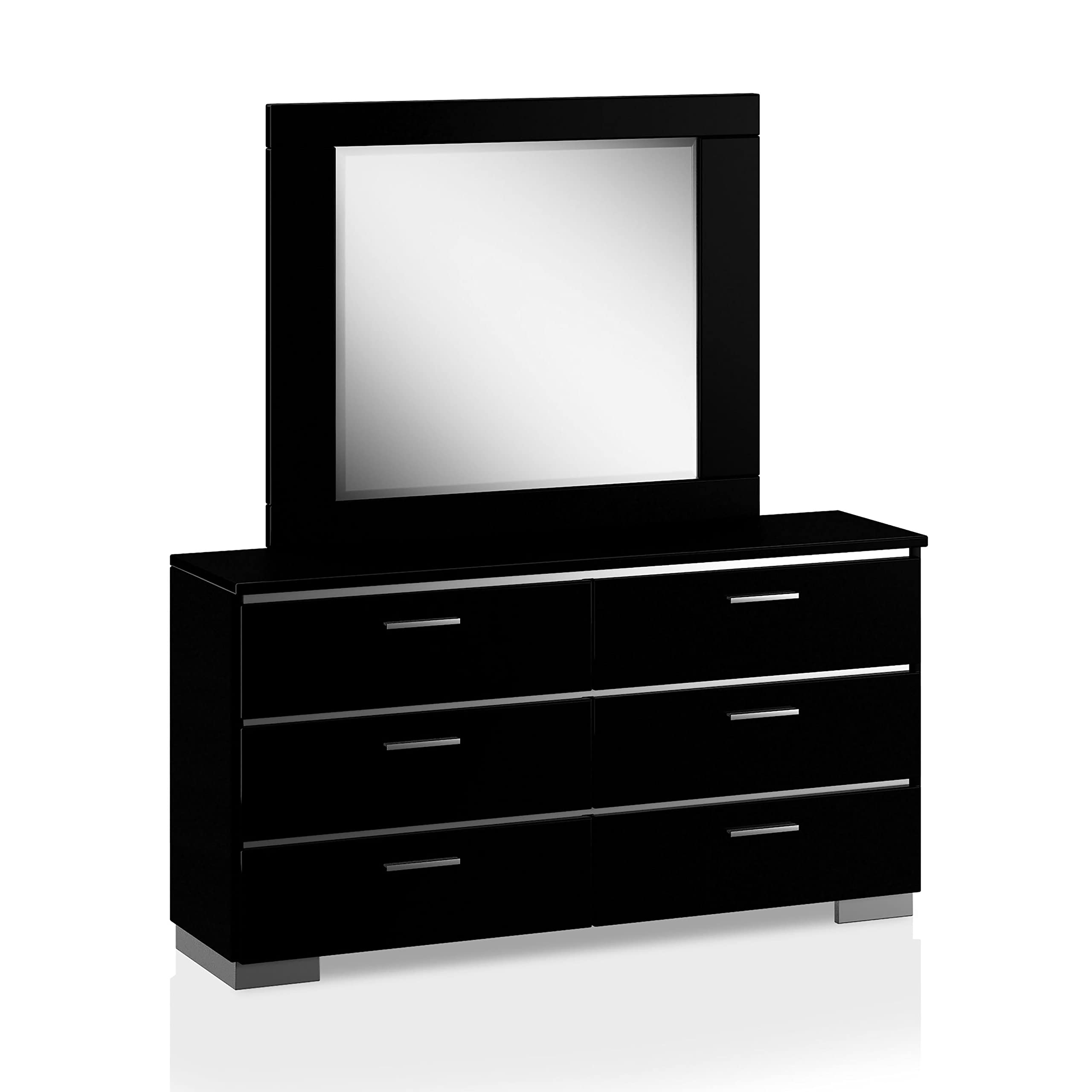 Linsey Modern 6-Drawer Wood Dresser with Mirror - 63 Inch Wide Bedroom Chest of Drawers in Black Finish | Perfect for Master Bedroom, Guest Room or Dorm Organization