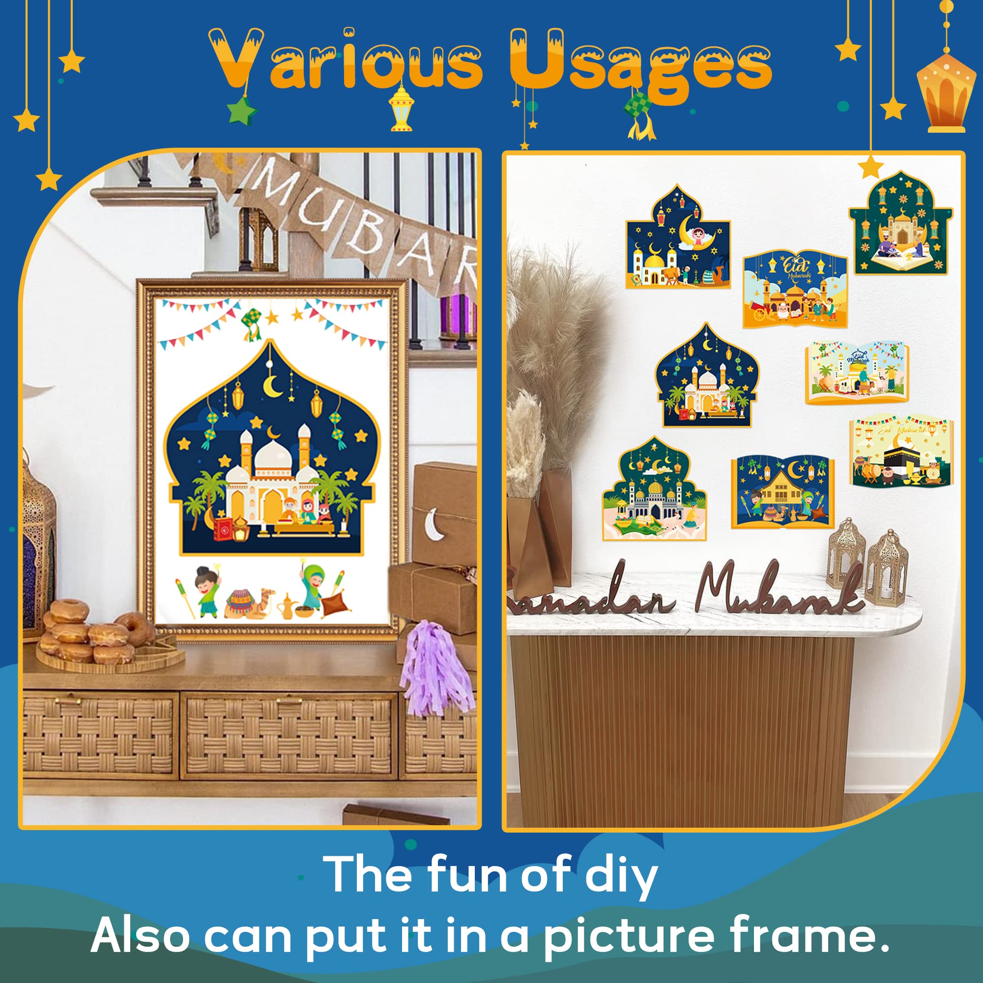 COcnny 49pcs Eid Mubarak Craft Kit - DIY Mosque Scene Stickers for Kids, Ramadan Kareem Decal, Islamic Art Labels & Hanging Ornaments - Perfect for Al-fitr Classroom Party Favors, Home Decor & Gift Supplies