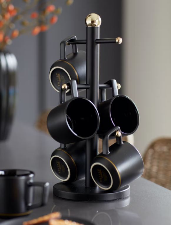 Premium Stainless Steel Mug Tree with Matt Black & Brass Finish - Stylish Coffee Cup Holder for Kitchen, Office, or Dining Room Decor