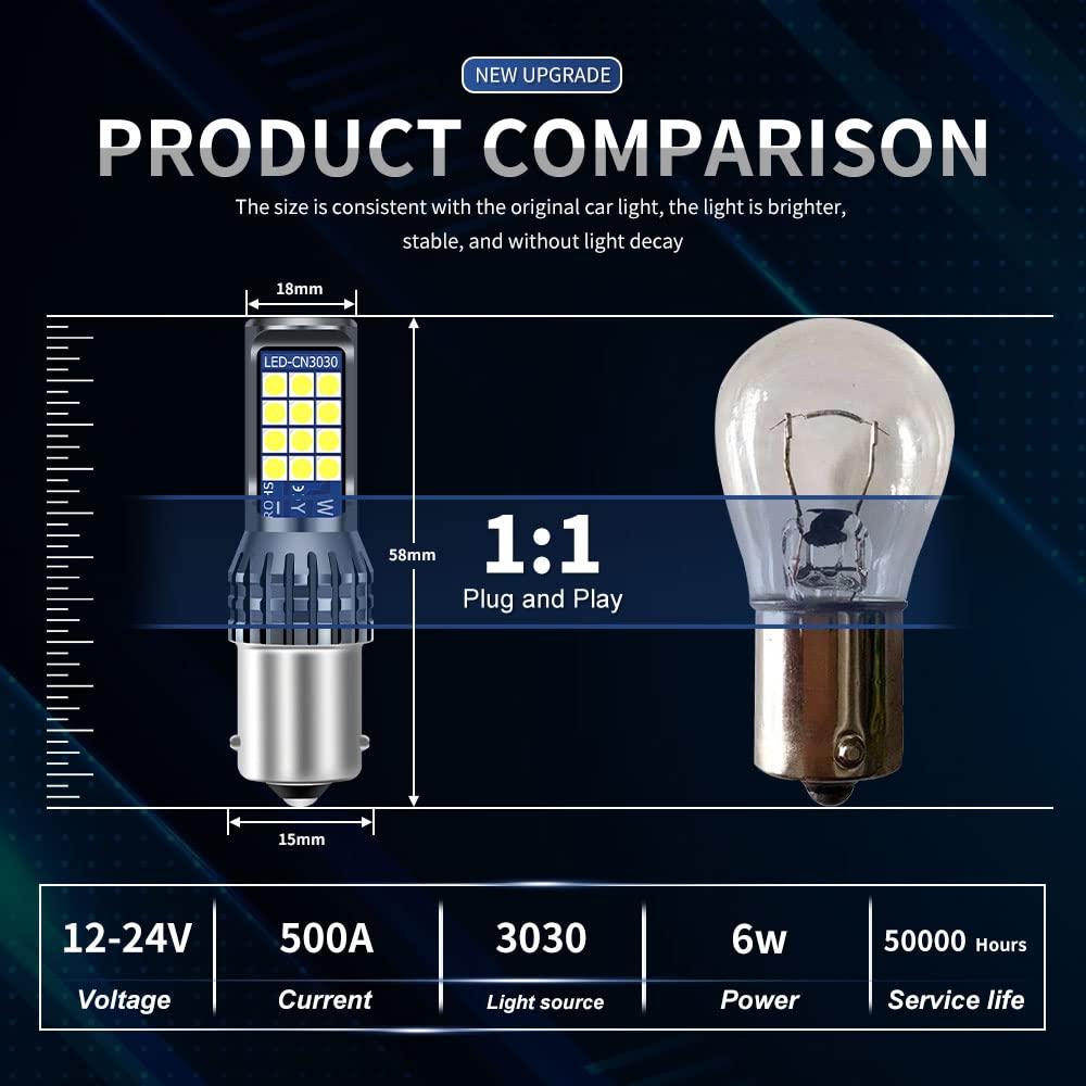 Teguangmei 1156 LED Brake Light Bulb - Super Bright 24-SMD White BA15S 7506 1141 1003 P21W LED Bulbs for Cars & Trucks - Replacement for Tail Brake Stop Backup Reverse Lamps (Pack of 2) - Perfect for Night Driving & Enhanced Vehicle Safety