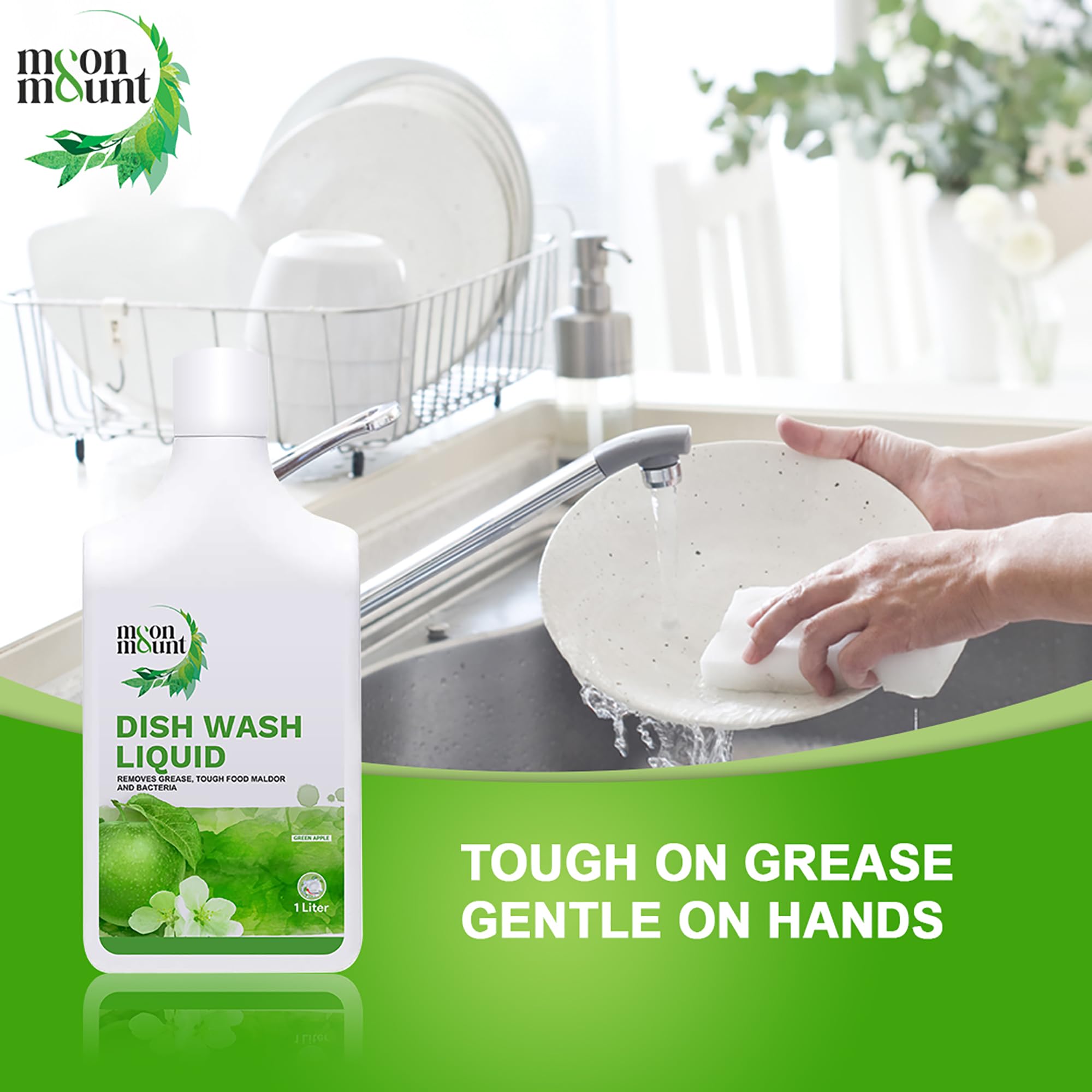 Moon & Mount Green Apple Dishwashing Liquid Gel - 1 Liter | No Residue, Powerful Grease Cleaner for All Kitchen Utensils | Perfect for Daily Dishwashing, Pots & Pans Cleaning