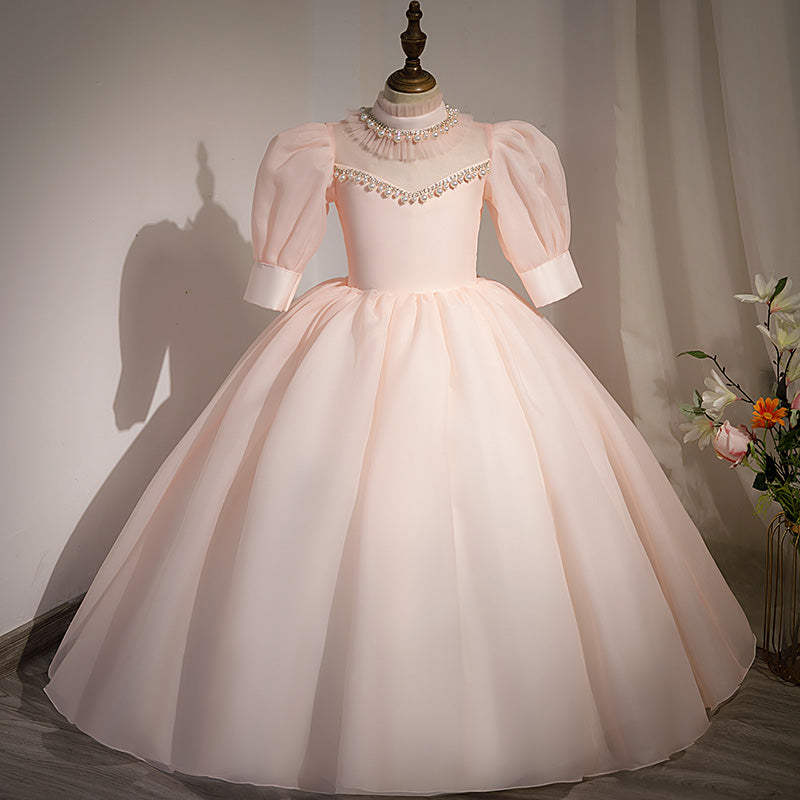 Elegant Pink Organza Princess Flower Girl Dress with Beaded Mock Neck - Perfect for Weddings, Pageants & Special Occasions