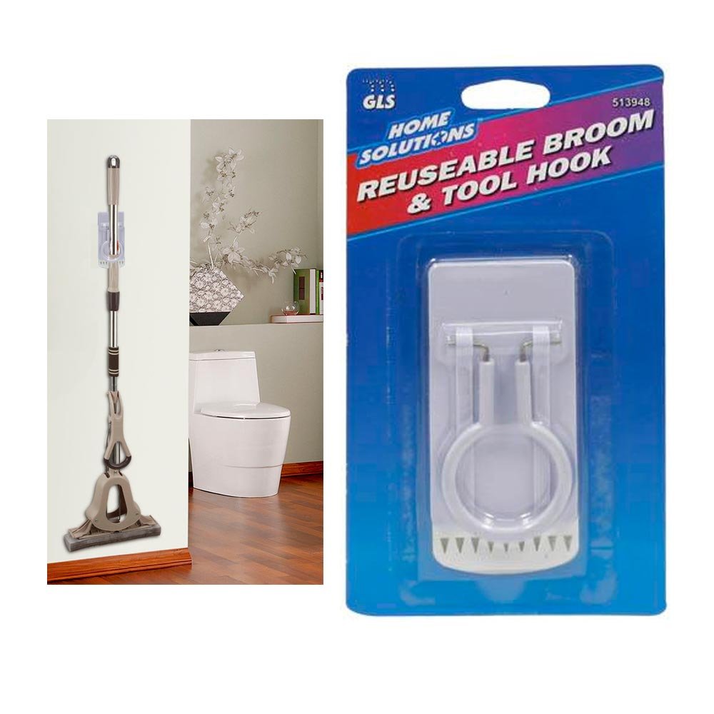 Self Adhesive Broom Mop Holder - Reusable Wall Mount Rack with Strong Suction Hooks - Space Saving Tool Organizer for Kitchen, Bathroom, Garage & Closet Storage