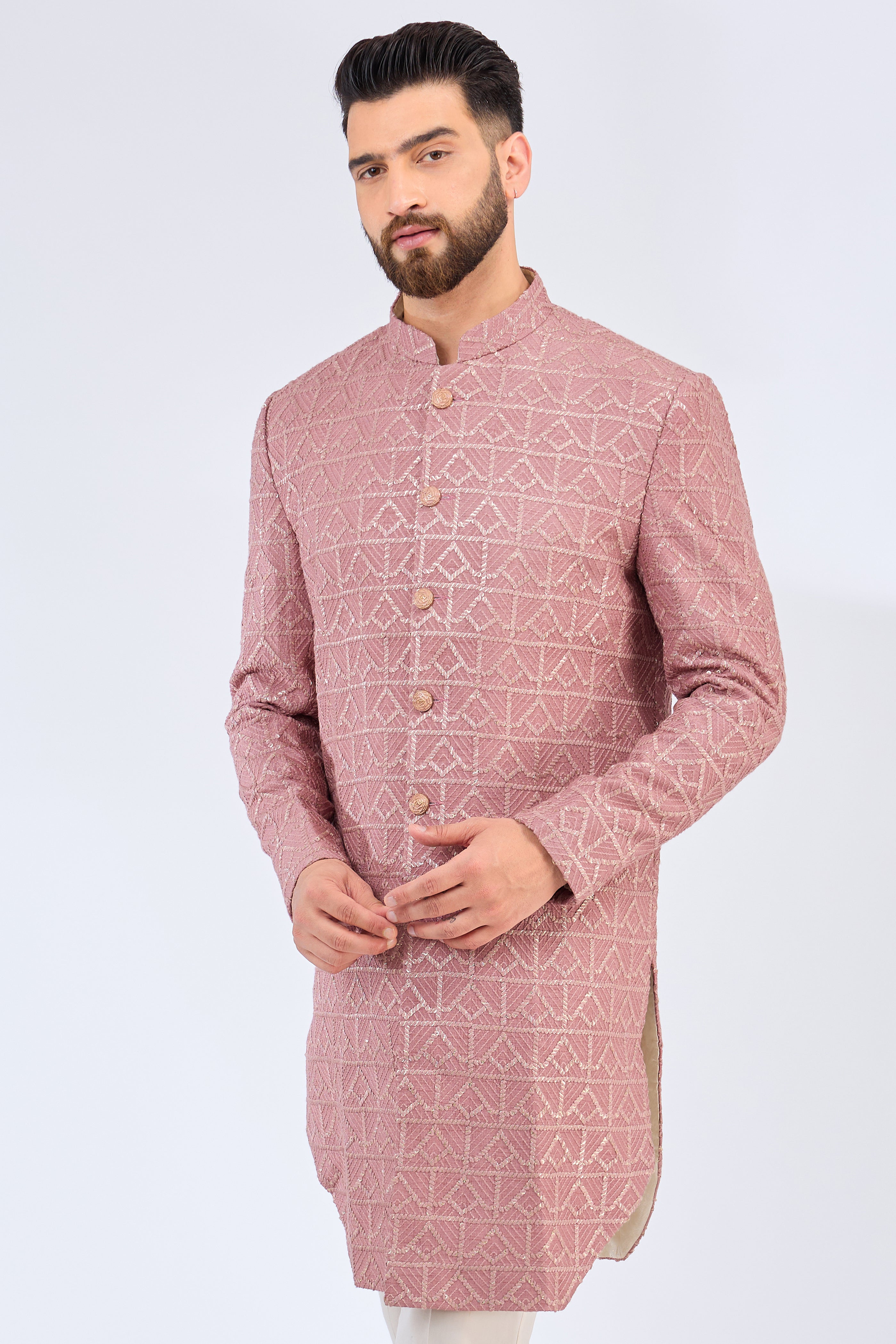 Royal Pink Onion Cut Silk Sherwani for Men - Elegant Indian Wedding Attire for Grooms & Special Occasions