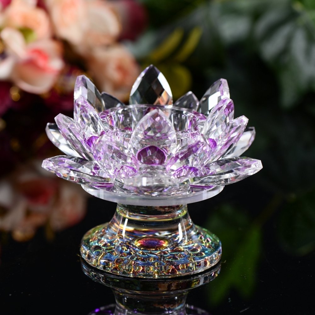 7 Color Crystal Glass Lotus Candle Holders - Elegant Tea Light Frames for Home Decor, Buddhist Altar, Wedding Centerpieces & Romantic Gifts (11.5x9cm/5x4inch) - Perfect for Meditation Spaces, Yoga Rooms & Special Occasions