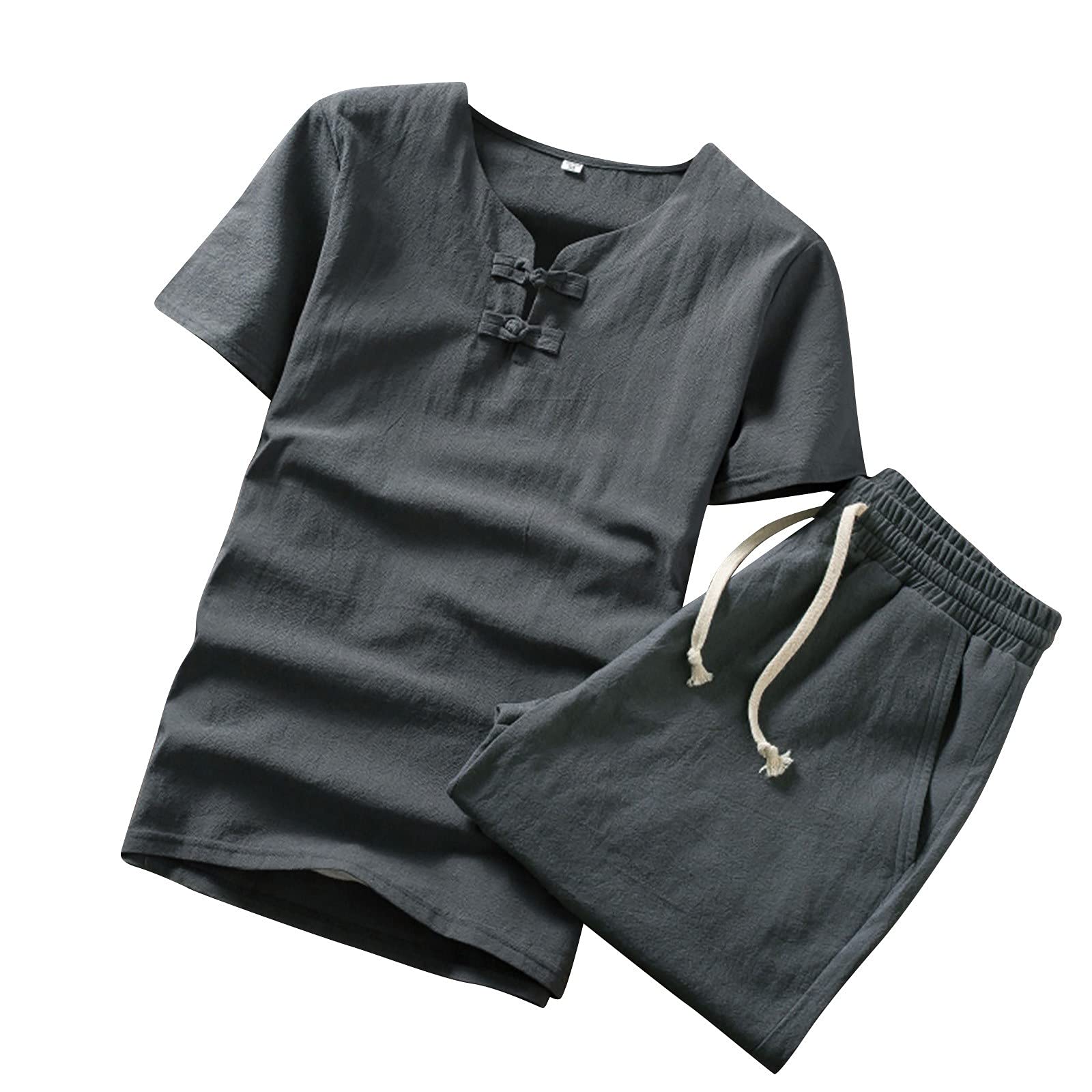 Men's 2-Piece Linen Outfit Set - Breathable Summer Short Sleeve Top & Muscle Fit Shorts | Casual Beachwear, Vacation Outfits & Lounge Wear for Men