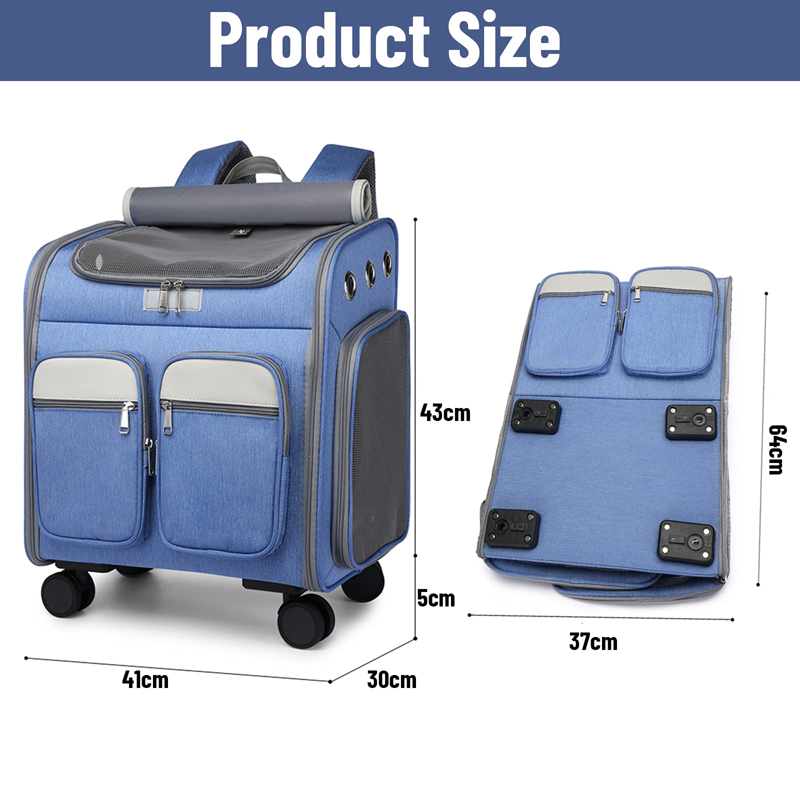 Pet Travel Carrier with Removable Wheels - Cat & Dog Rolling Backpack Stroller with Mesh Ventilation & Storage Pockets - Perfect for Air Travel, Vet Visits, and Outdoor Adventures