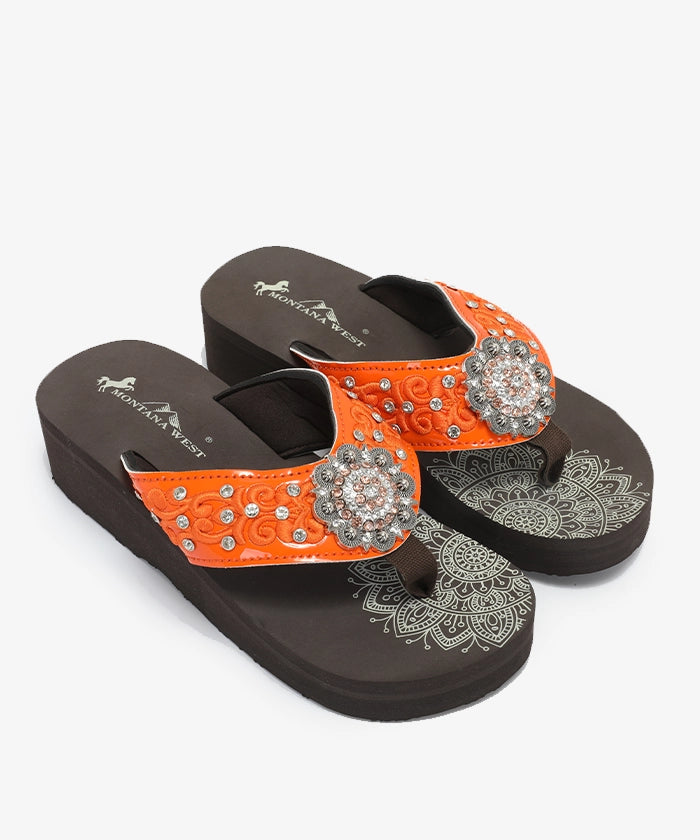 Mandala Silver Floral Rhinestone Concho Embroidered Wedge Flip Flops for Women - Boho Chic Summer Sandals for Beach, Pool & Casual Outings