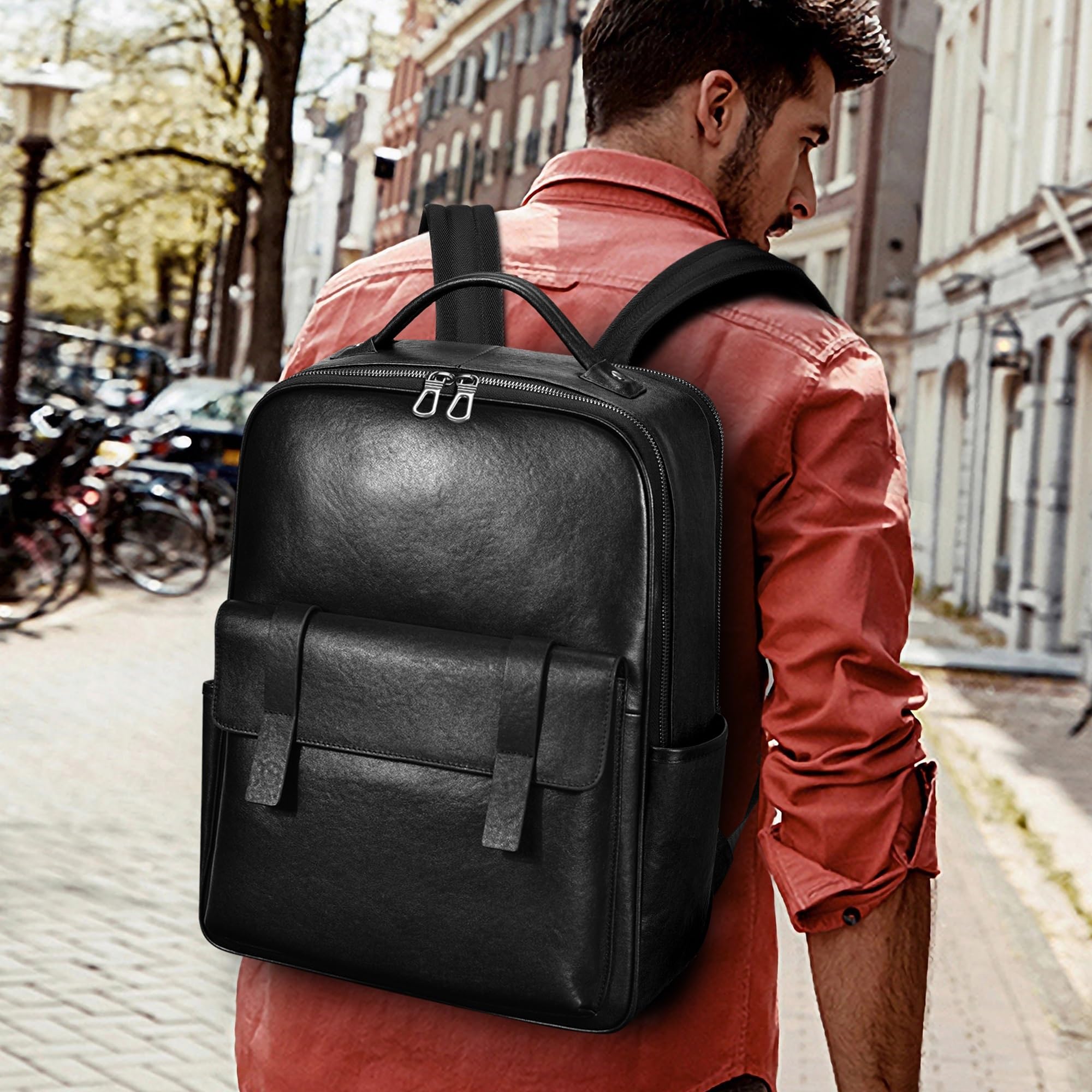 Premium Genuine Leather Backpack for Men - 15.6 Inch Laptop Compartment Business Travel Backpack - 23L Slim Black Luxury Backpack for Work, Office & College Use