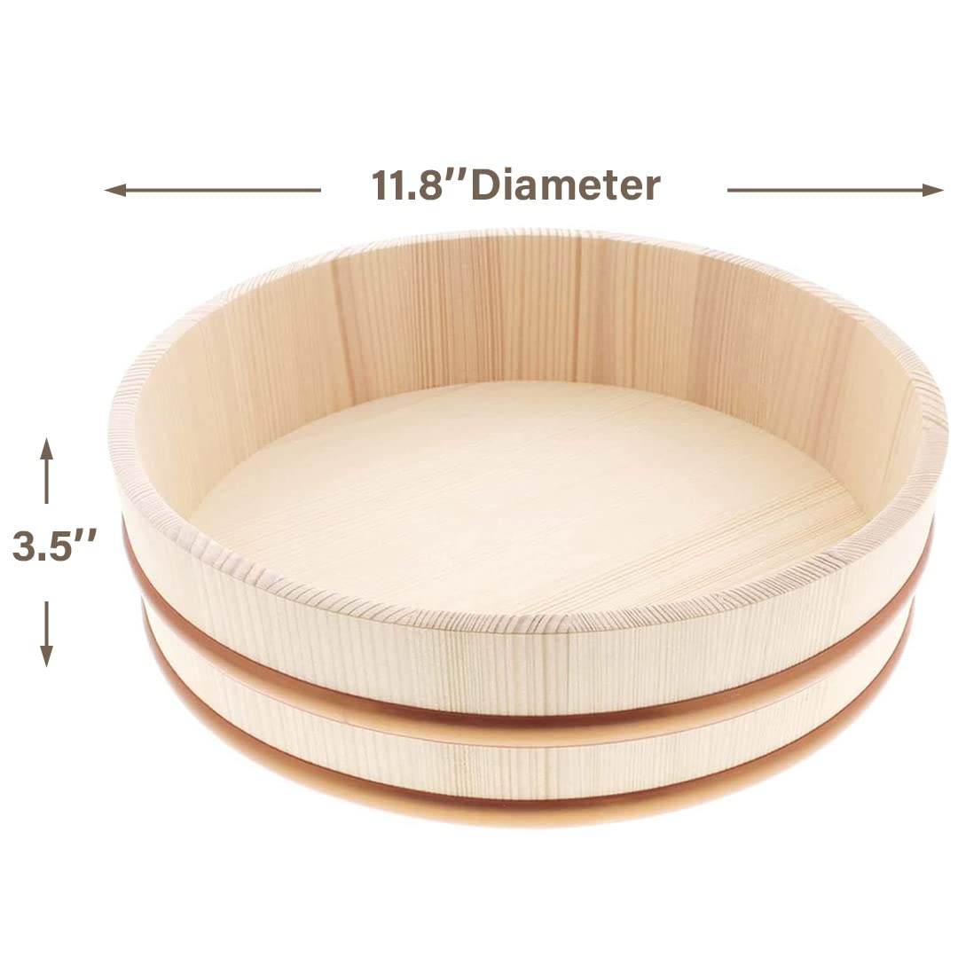 Premium Japanese Momi Fir Wooden Hangiri Sushi Rice Mixing Tub with PP Band - 11.8