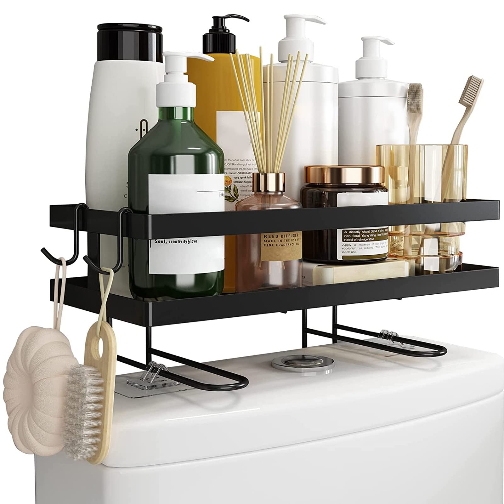 Iron Bathroom Storage Shelf with Hooks - Space-Saving Toilet Organizer for Towels, Candles & Essentials - Perfect for Small Bathrooms, Apartments & Vanity Organization