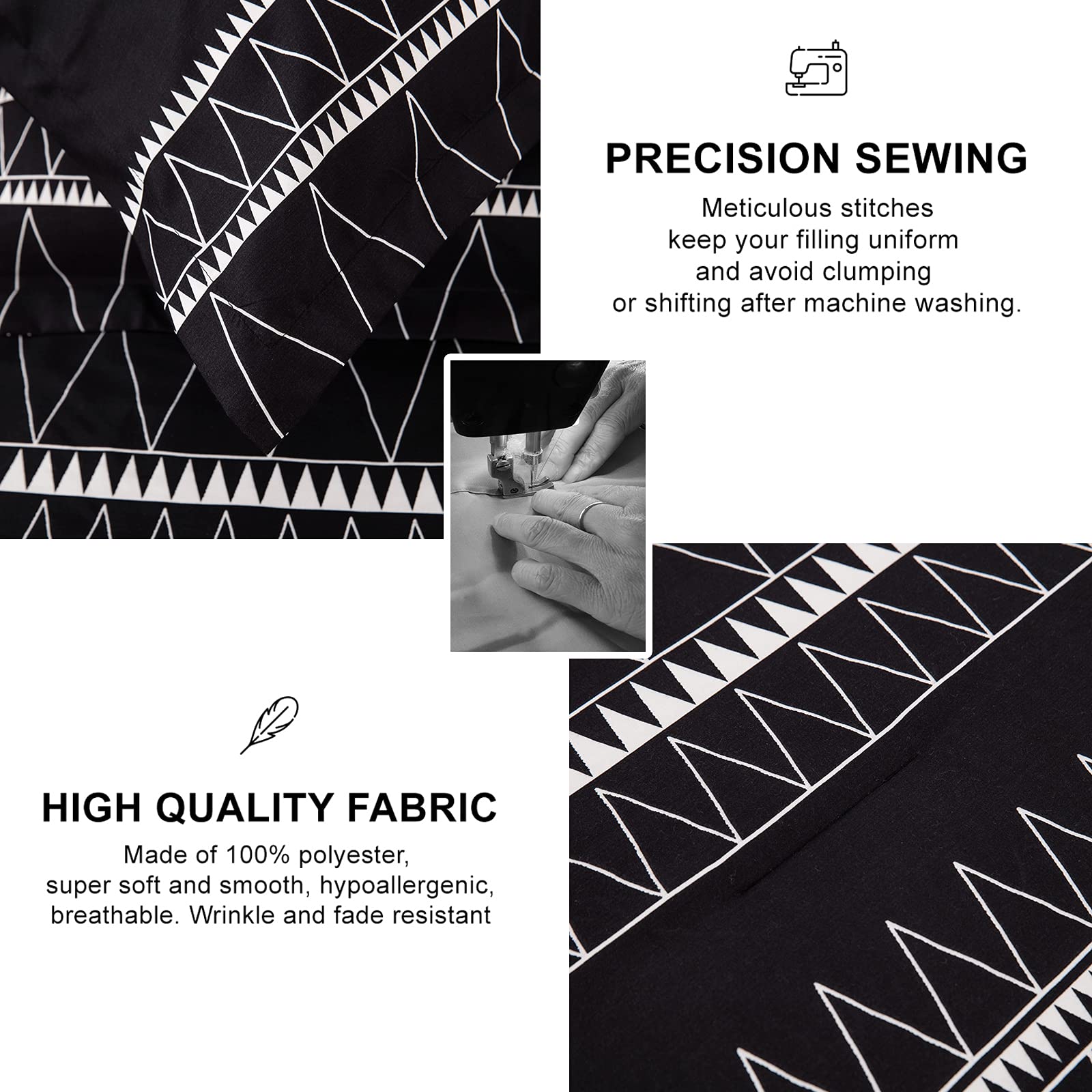 WONGS BEDDING Black Comforter Set Twin Size - Reversible Boho Triangle Striped Down Alternative Bedding - 2 Piece Set (1 Comforter + 1 Pillowcases) - Soft Microfiber 68x86 Inches - Perfect for Teens, Dorms & Guest Rooms