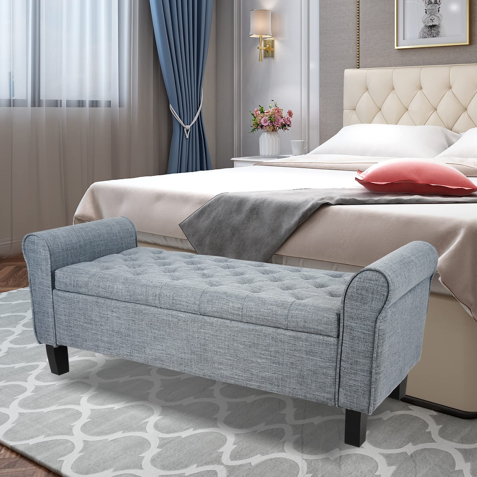 Dark Grey Storage Ottoman Bench with Arms - Button Tufted Footrest & Large Storage Seat for Bedroom, Living Room, Entryway, Hallway - Perfect as End of Bed Bench, Living Room Storage & Cozy Footrest