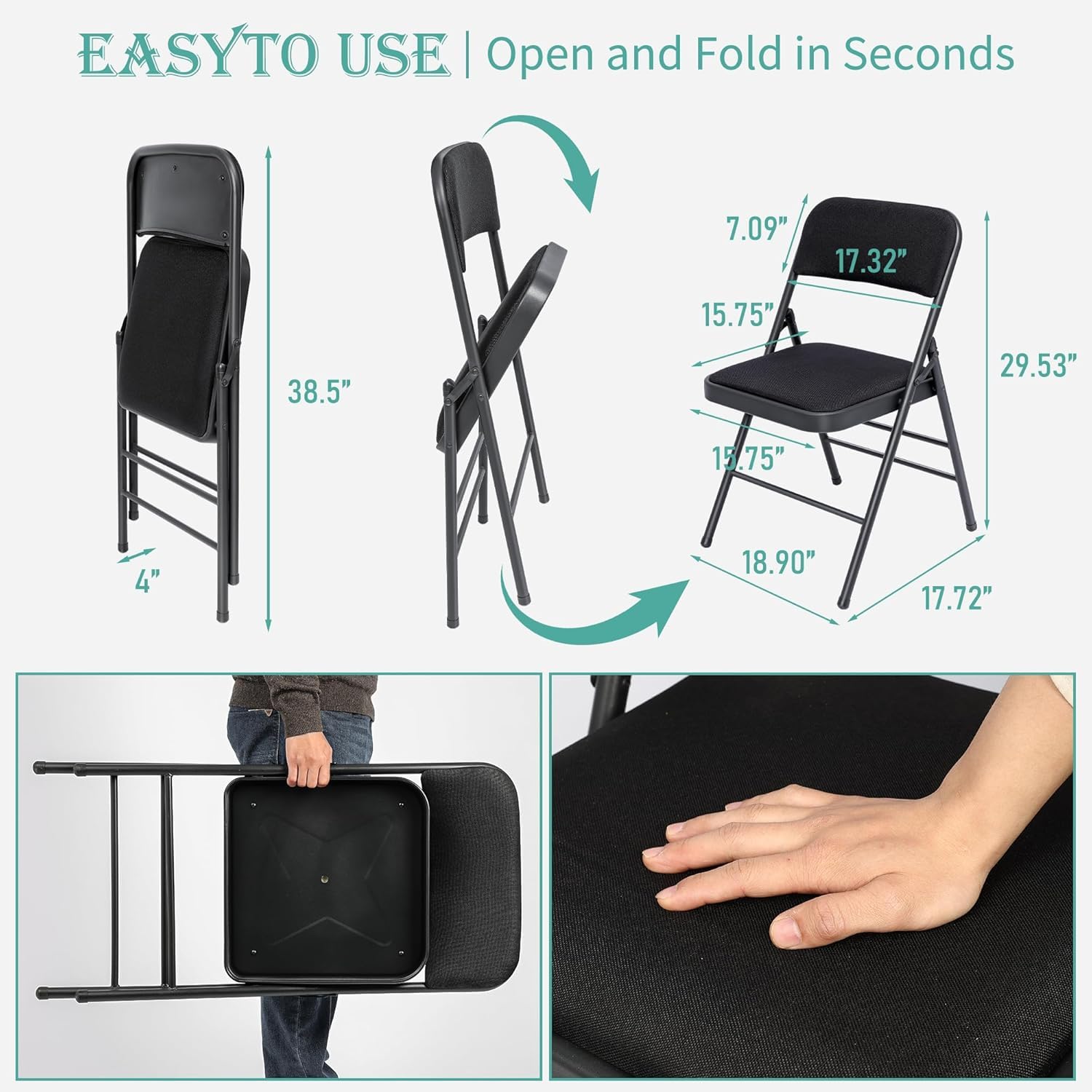 SEALAMB 6 Pack Heavy Duty Fabric Folding Chairs with Padded Seat & Back Support - Commercial Grade Stackable Chairs with Reinforced Metal Frame - Perfect for Home, Office, Weddings, Parties, and Outdoor Events