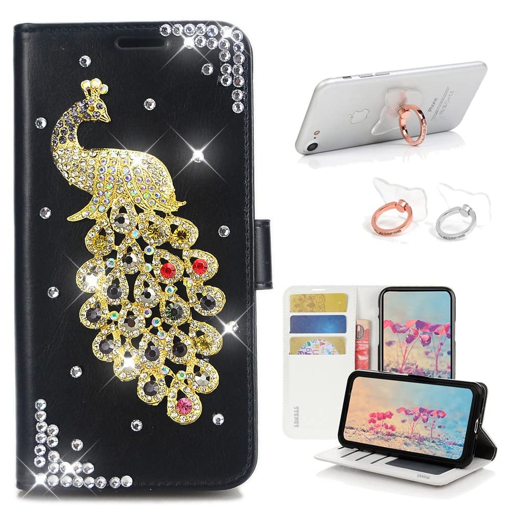 STENES Bling Wallet Case for Samsung Galaxy A10s - 3D Crystal Peacock Leather Cover with Magnetic Stand [2 Pack, Black] - Perfect for Parties & Travel