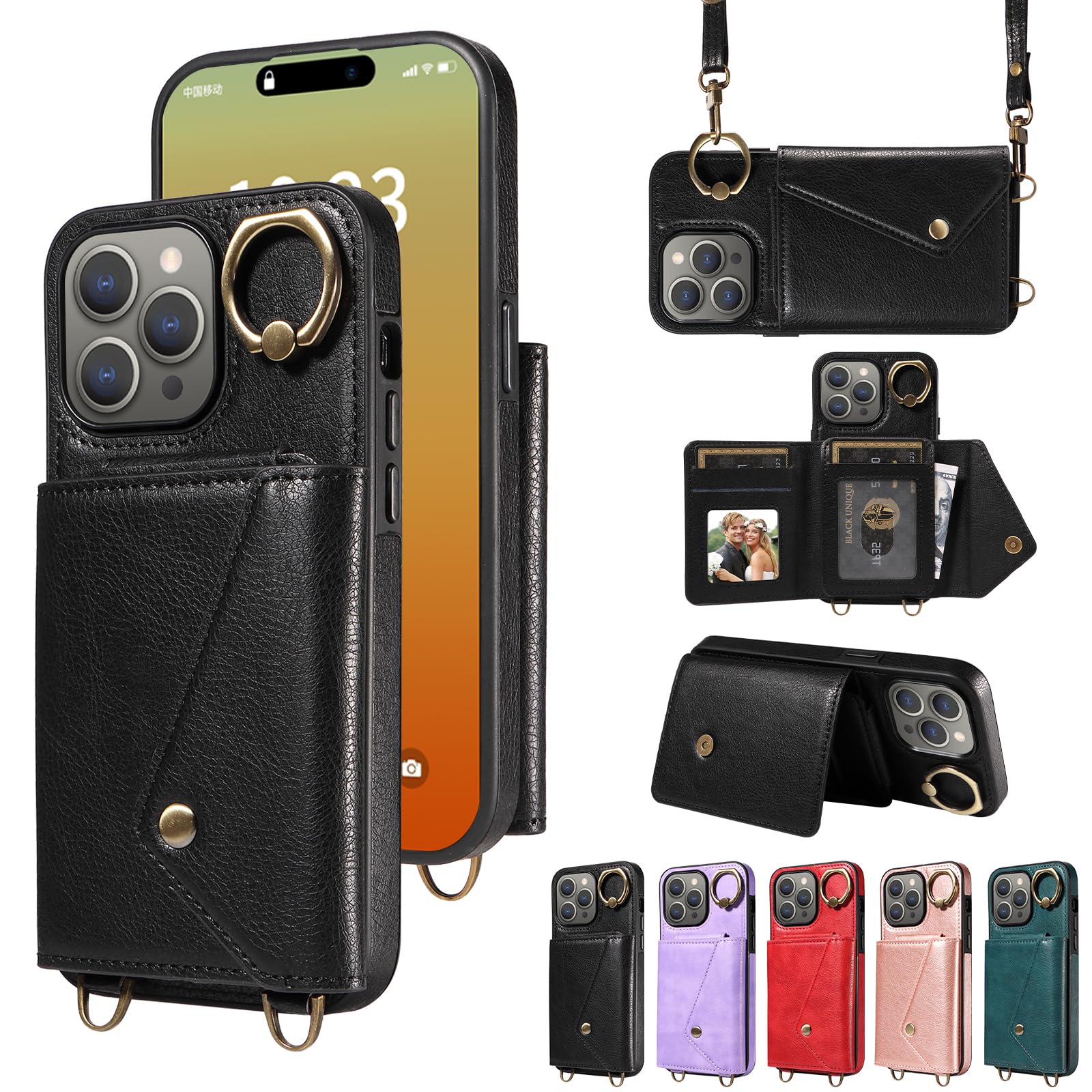 Premium Leather Crossbody Wallet Case for iPhone 15 Pro Max - RFID Blocking Card Holder & Detachable Long Shoulder Strap | Shockproof Flip Cover for Women & Men (Black) | Perfect for Travel, Shopping & Everyday Use