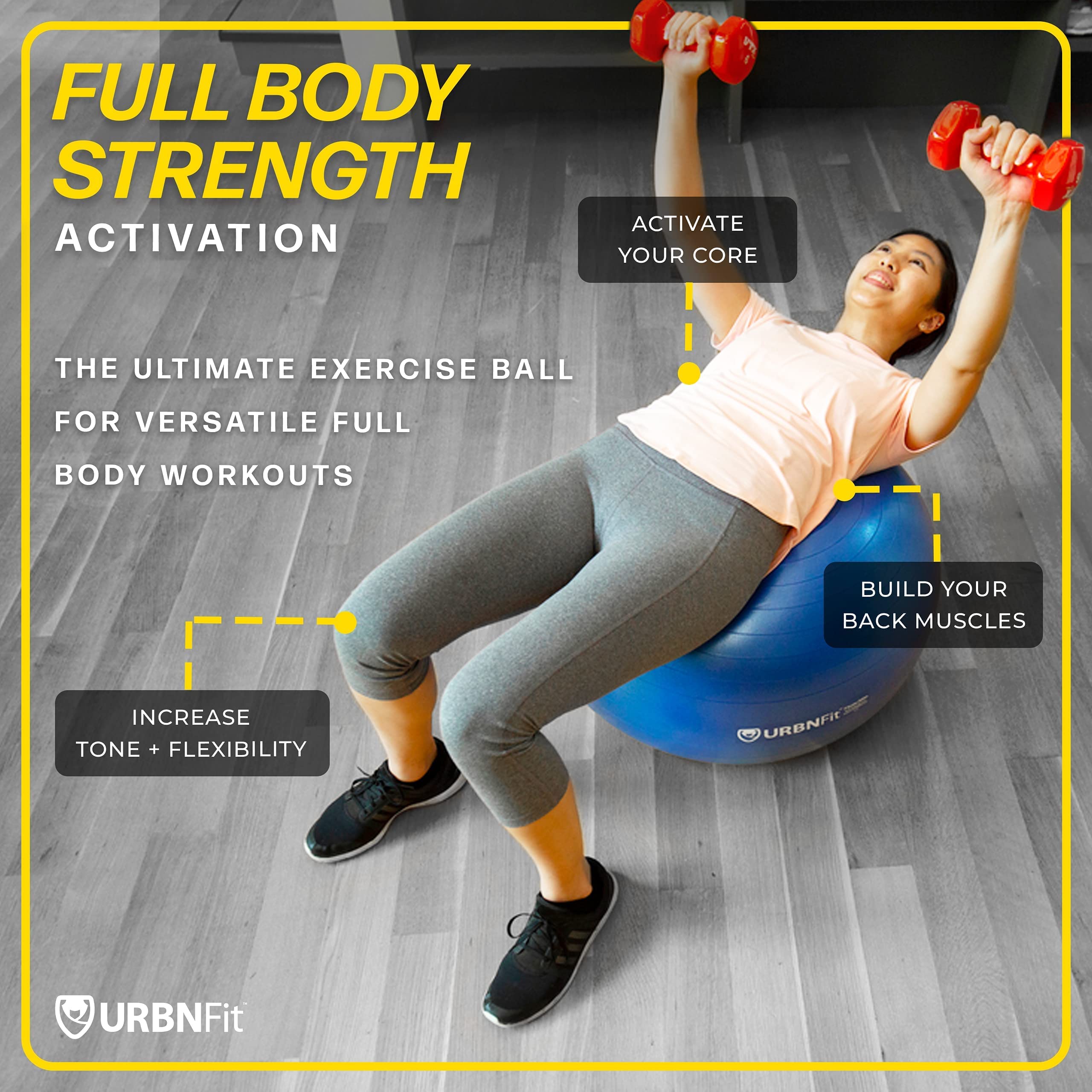 URBNFit Anti-Burst Exercise Ball - Premium Yoga & Stability Ball for Workouts, Pregnancy, Office & Home Gym - Includes Quick Pump - Perfect for Pilates, Core Training & Active Sitting (45cm/55cm/65cm/75cm)