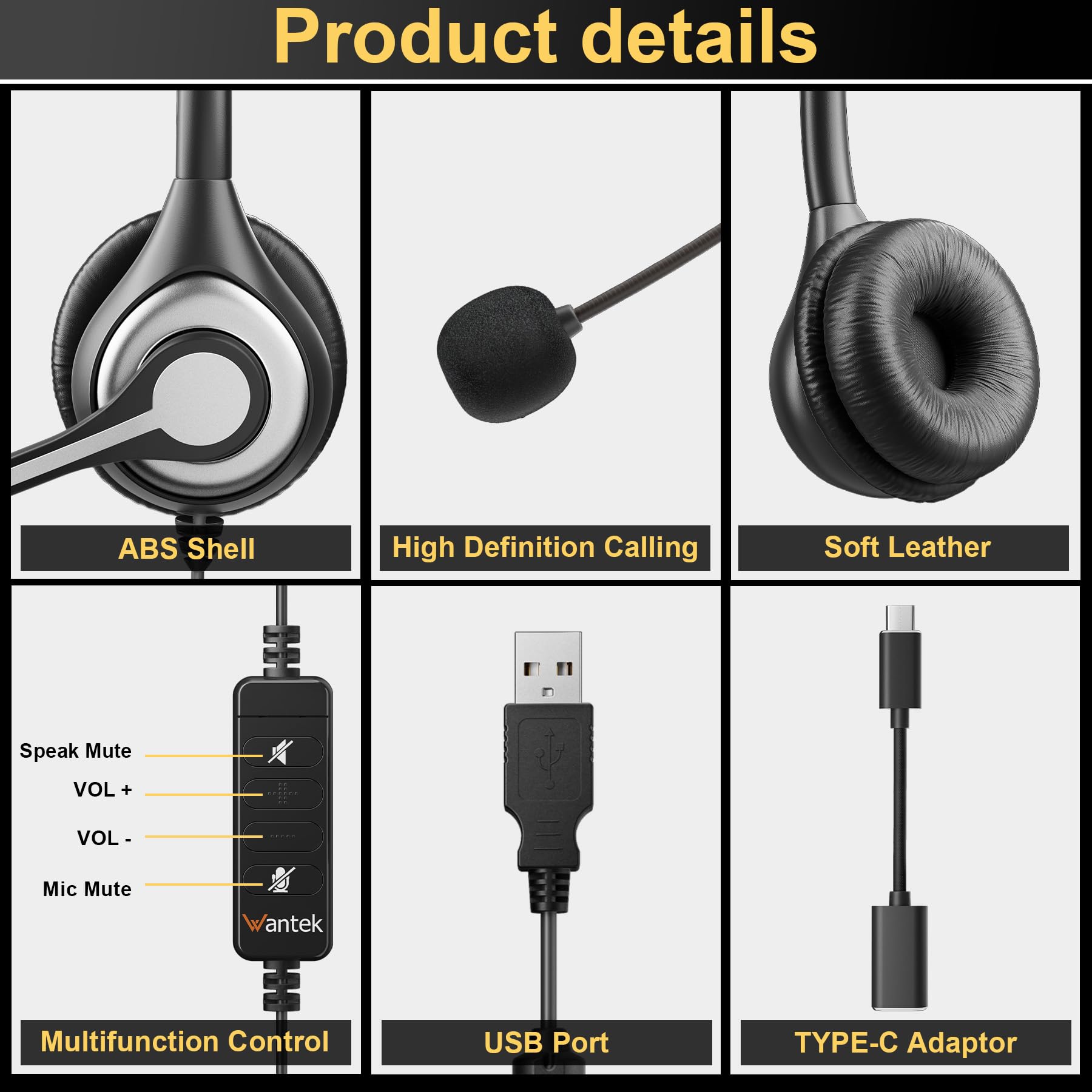 Wantek USB Headset with Microphone - Noise Cancelling PC Headphones for Business, Home Office & Call Center | Comfortable Lightweight Design for Skype, Zoom, Webinars & Online Meetings | Perfect for Remote Work, Customer Service & Virtual Classrooms