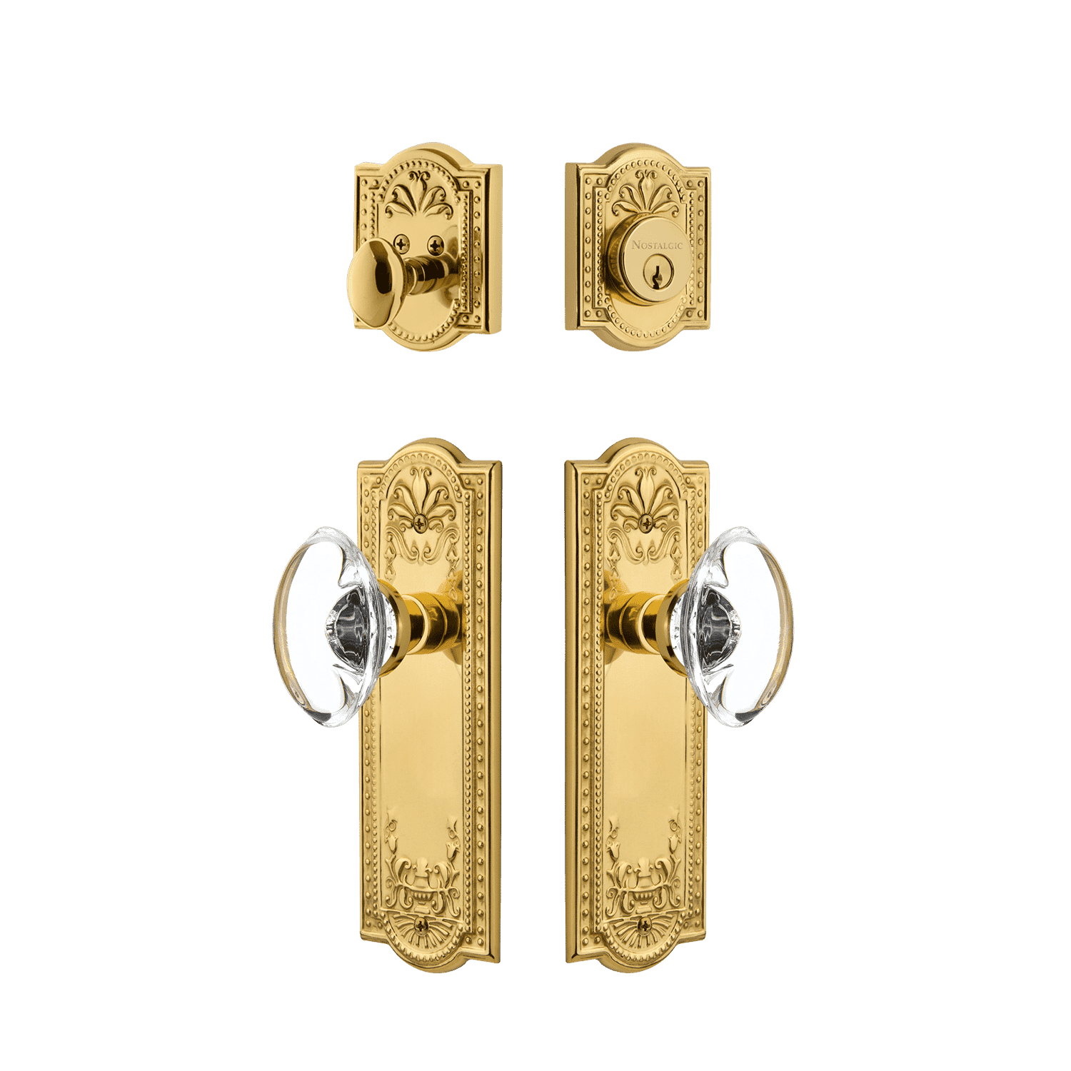Elegant Meadows Entry Set with Oval Clear Crystal Knob in Unlacquered Brass - Perfect for Vintage Style Doors, Cabinets & Home Décor